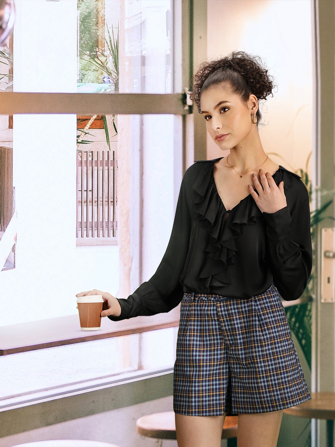 

MANGO Women Black Solid Satin Blouson Top With Ruffles Detail