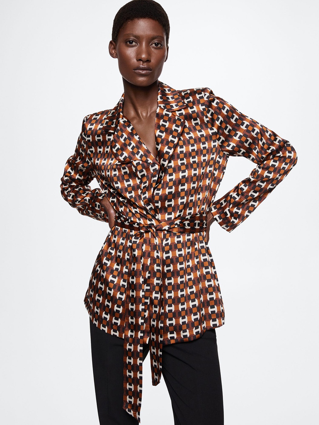 

MANGO Brown Geometric Print Shirt Style Top