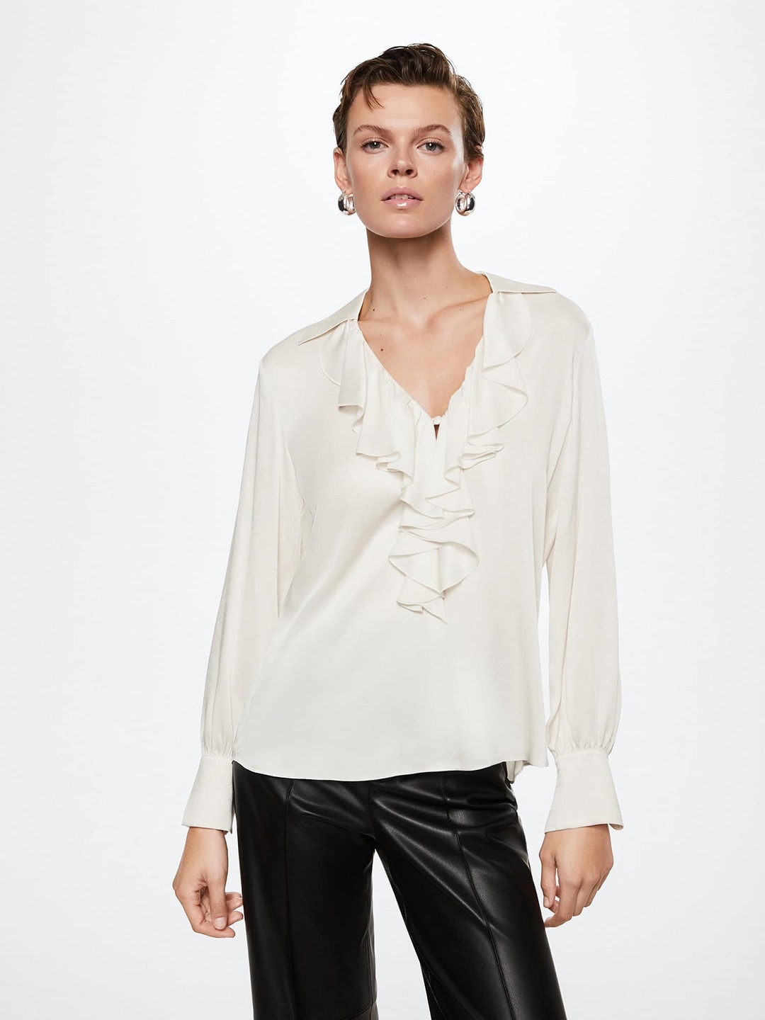 

MANGO Women White Solid Satin Blouson Top With Ruffles Detail