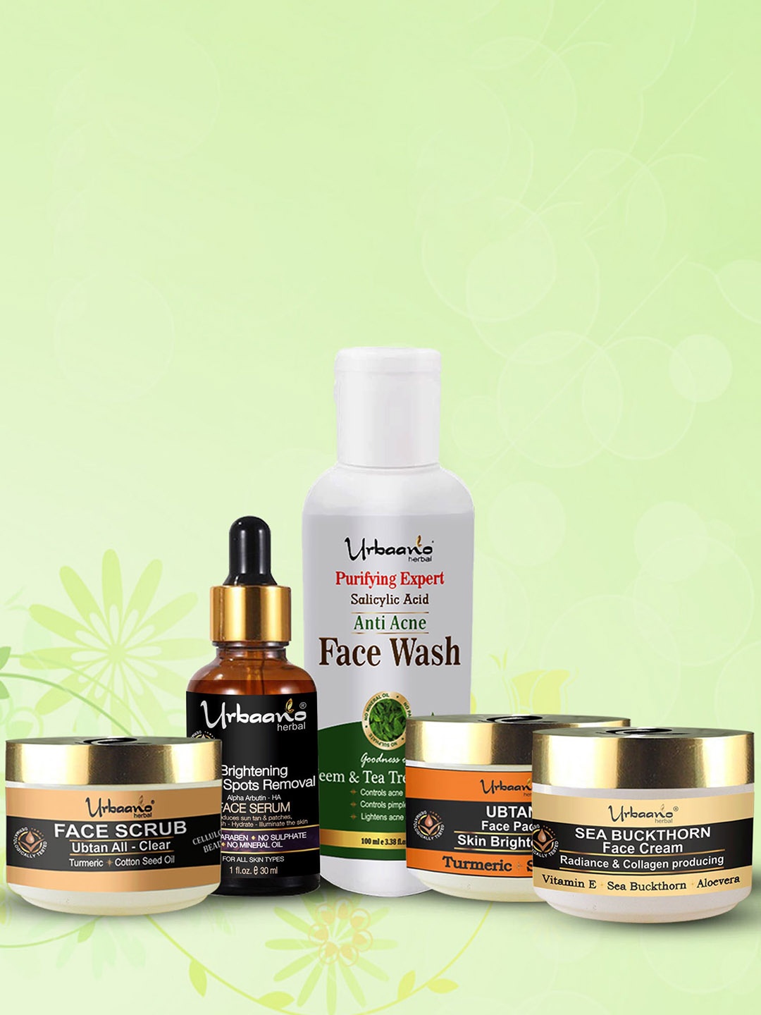 

Urbaano Herbal Set Of 5 Face Wash Face Scrub Face Pack Face Serum & Face Cream 280ml, White