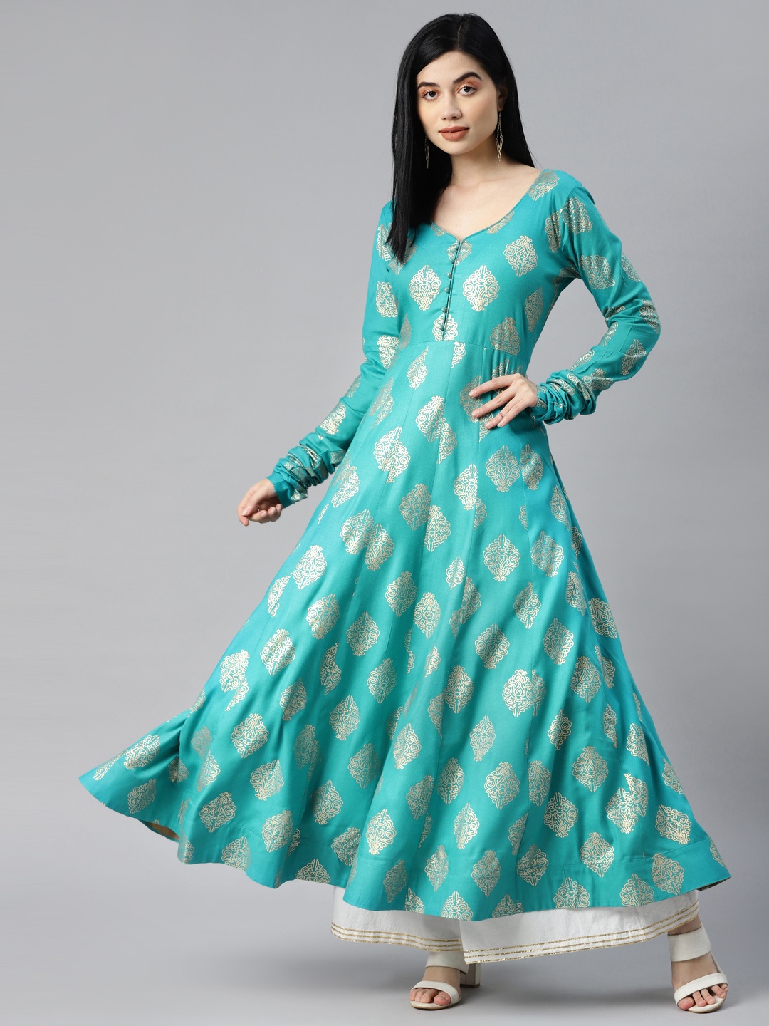 

MBE Women Blue & Golden Ethnic Motifs Printed Anarkali Kurta