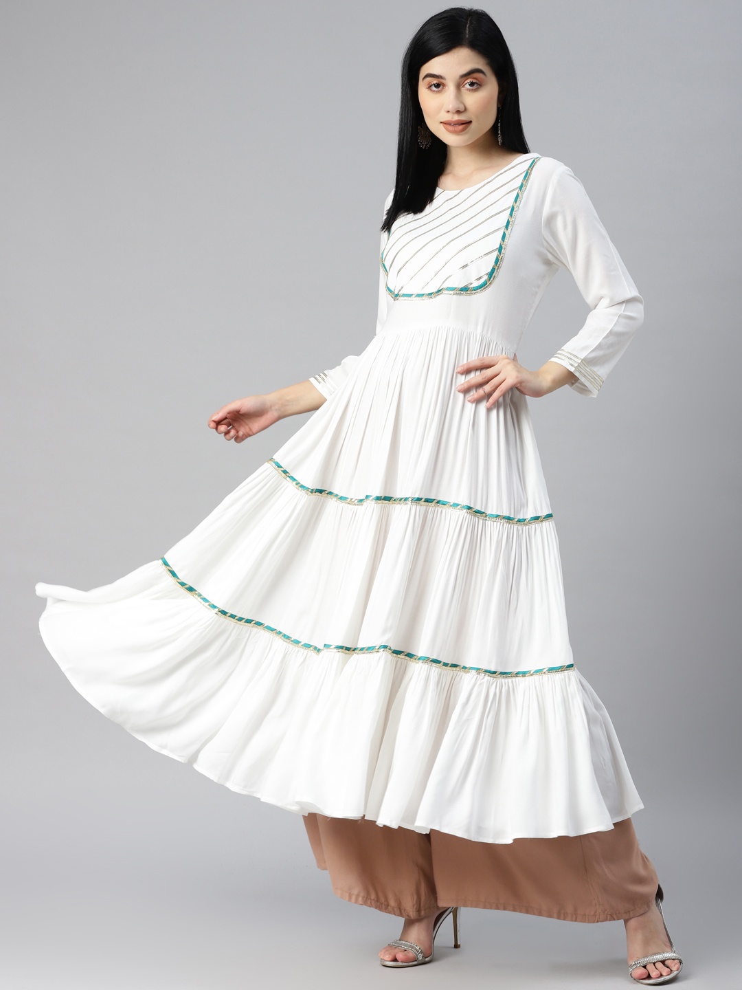 

MBE Women White Embellished Gotta Patti White Romance Anarkali Kurta