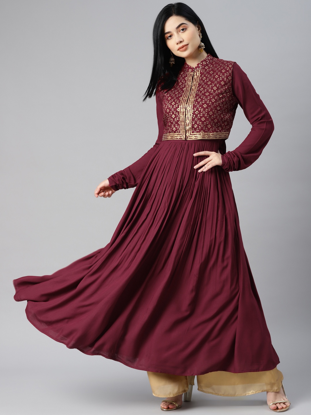 

MBE Women Maroon Gotta Patti Anarkali Kurta with Ethnic Jacket