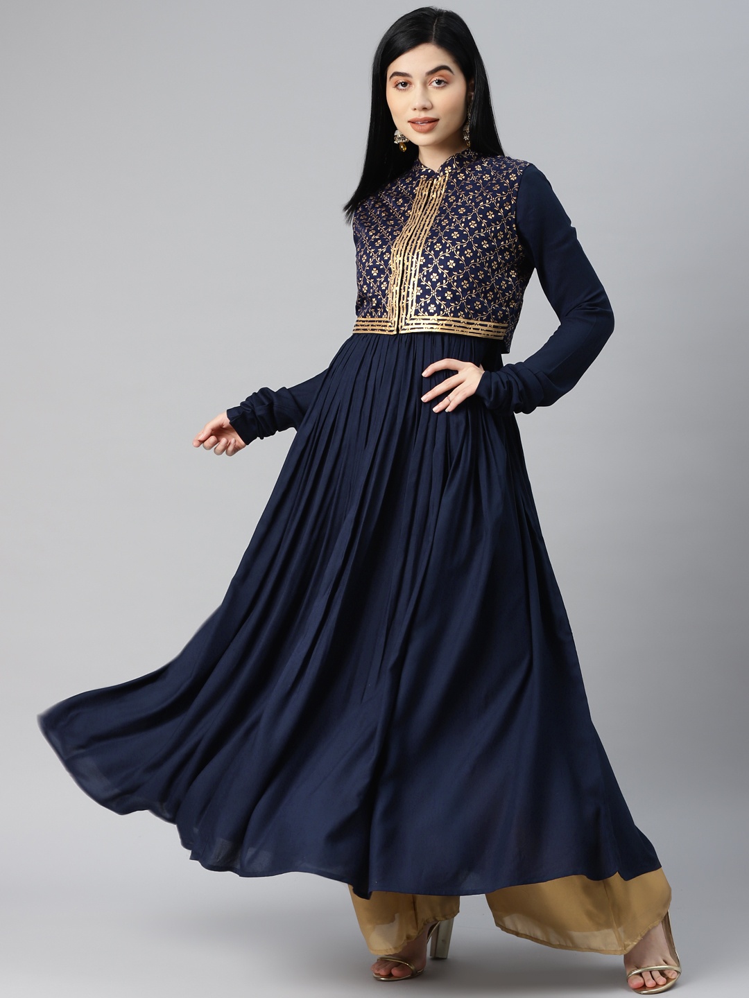 

MBE Women Navy Blue Gotta Patti Anarkali Kurta with Ethnic Jacket