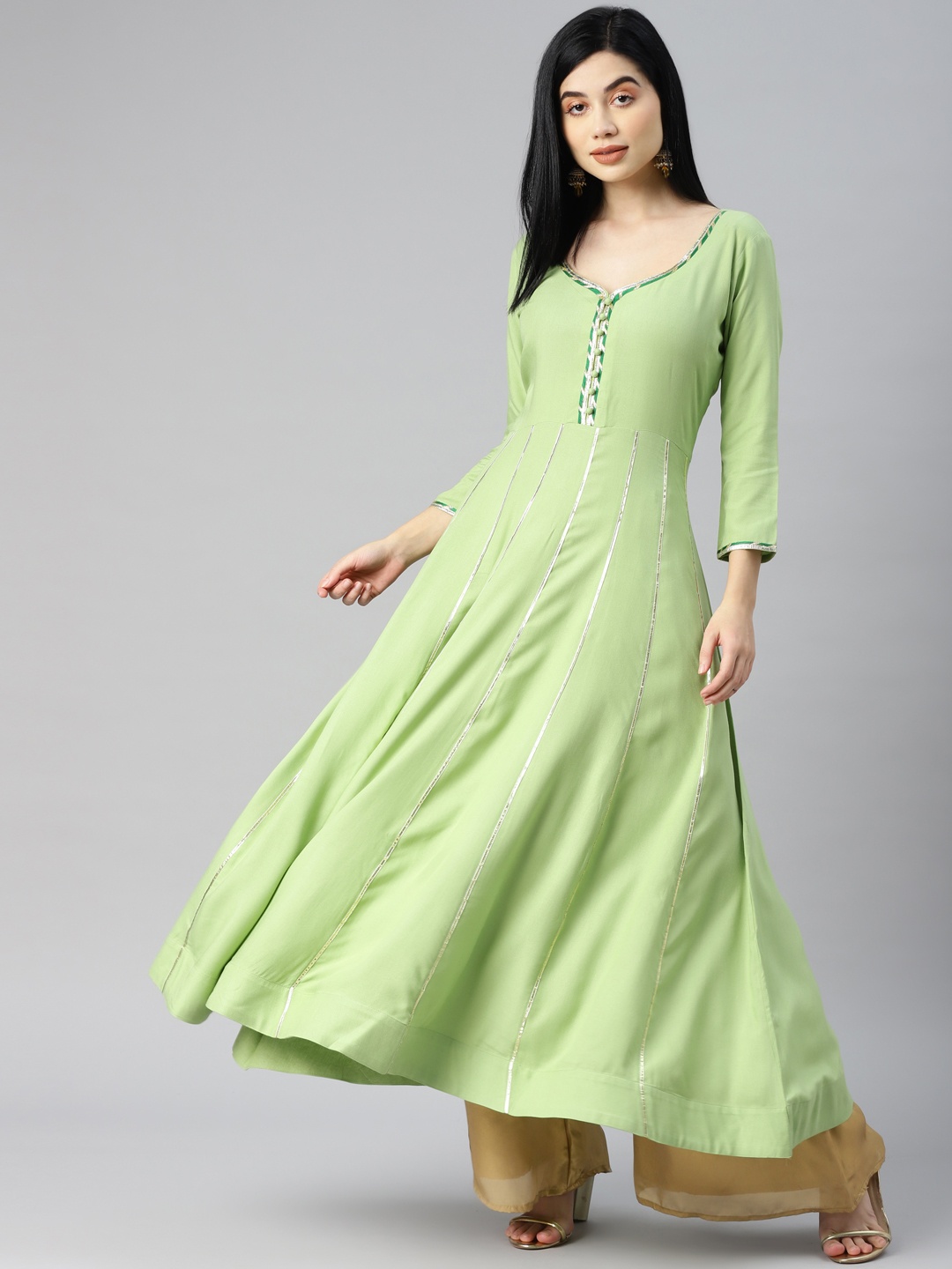 

MBE Women Lime Green Embellished Gotta Patti Anarkali Kurta