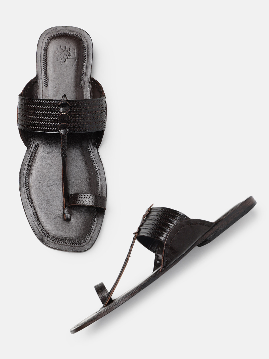 

House of Pataudi Men Textured Ethnic Comfort One Toe Style Sandals, Brown