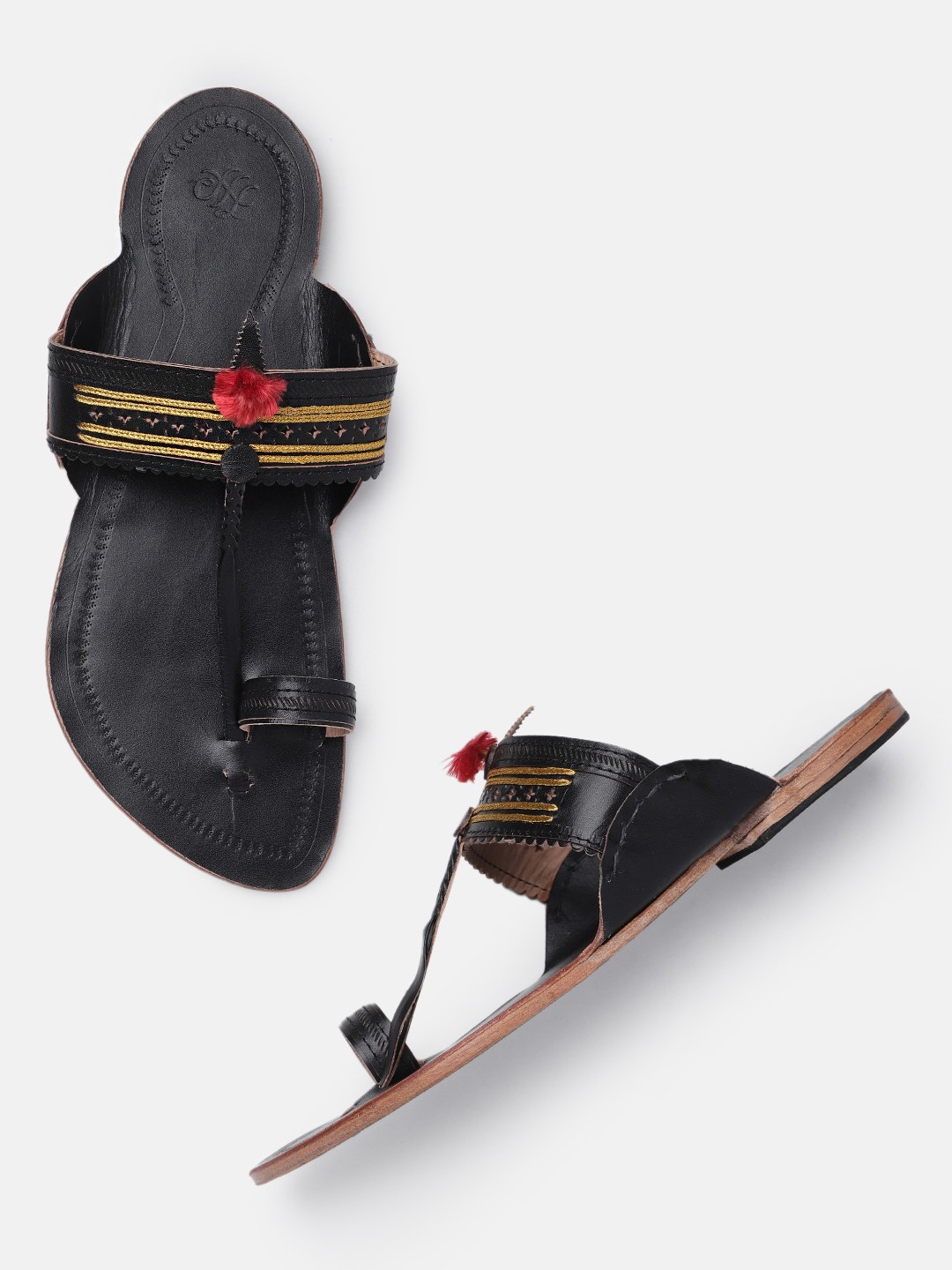 

House of Pataudi Men Ethnic T-Strap Comfort Sandals With Cut-Out & Gotta Patti Detail, Black