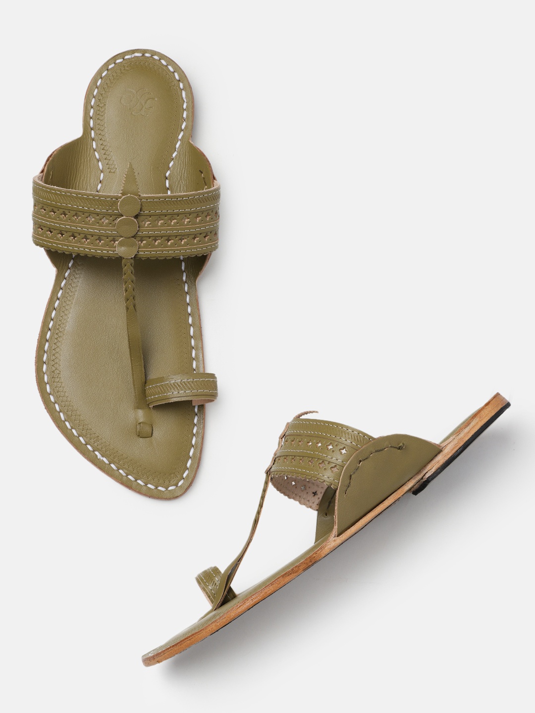 

House of Pataudi Men Textured Ethnic Comfort One Toe Style Sandals, Olive