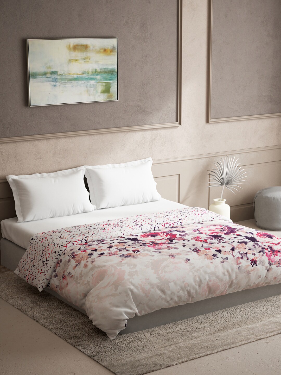 

DDecor Cream-Coloured & Pink Floral 100% Cotton 150 GSM Reversible Double Bed Quilt