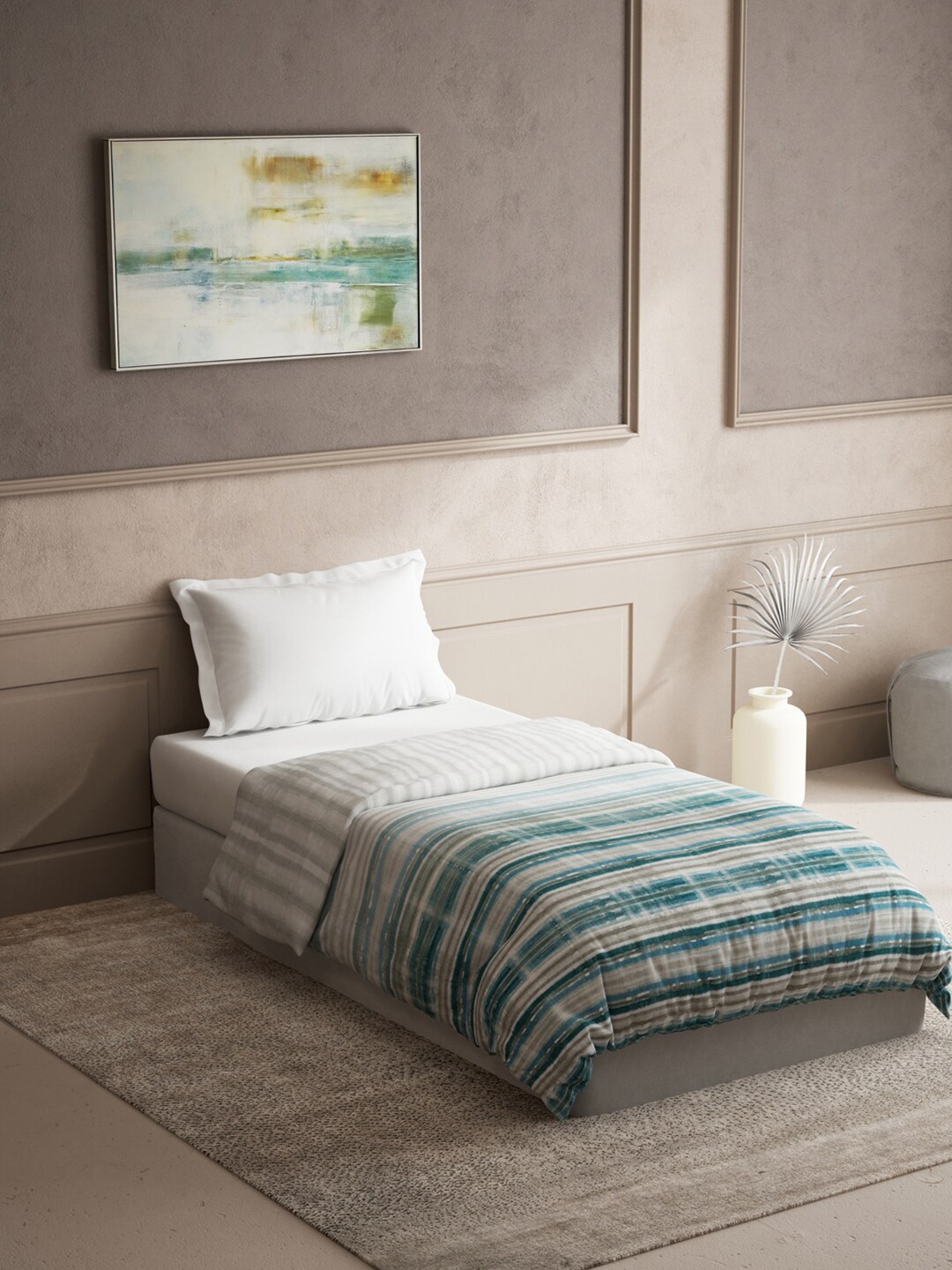

DDecor Blue & Grey Striped Mild Winter 100% Cotton 150 GSM Reversible Single Bed Quilt