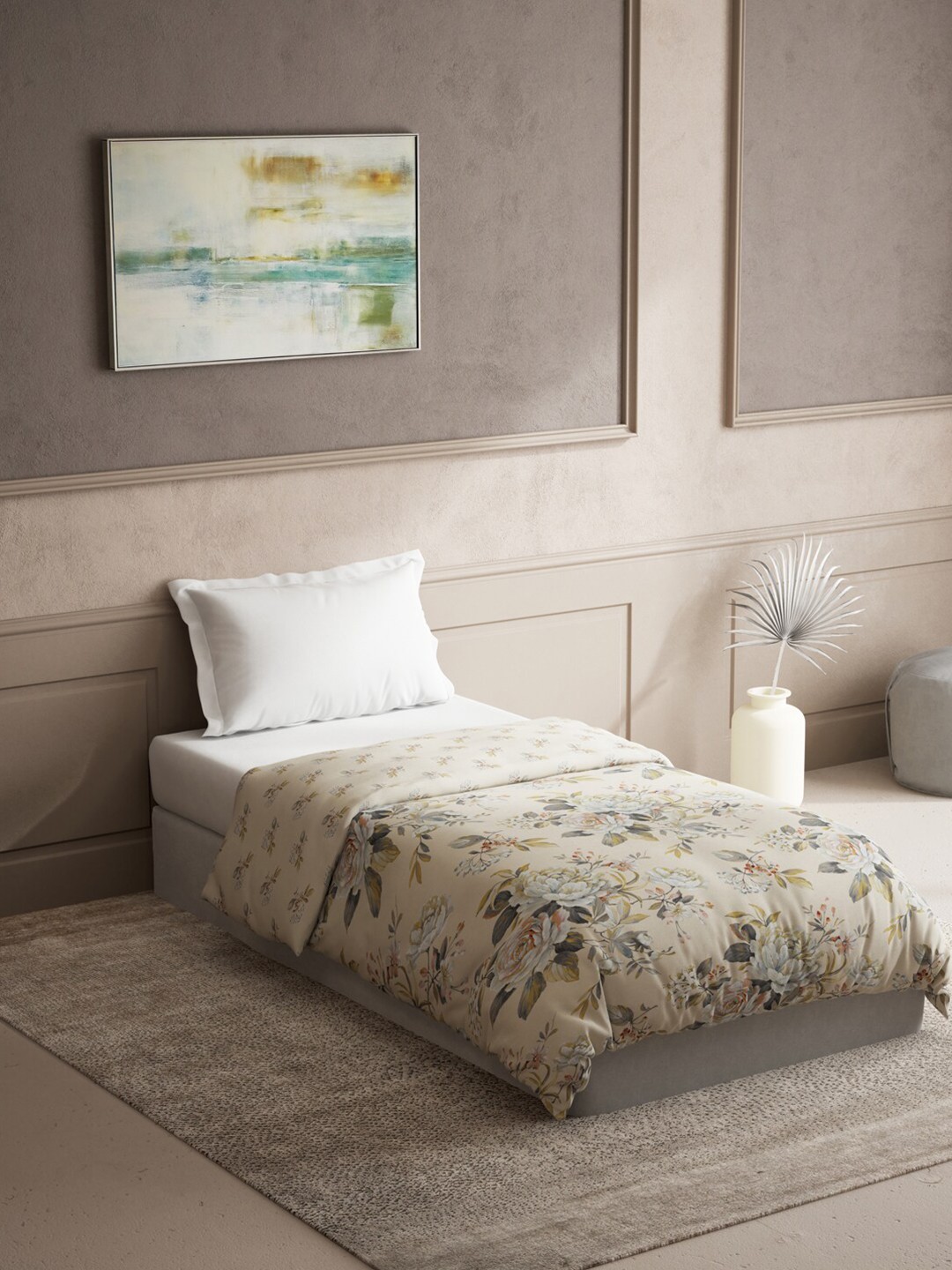 

DDecor Beige & Green Floral Mild Winter 100% Cotton 150 GSM Reversible Single Bed Quilt