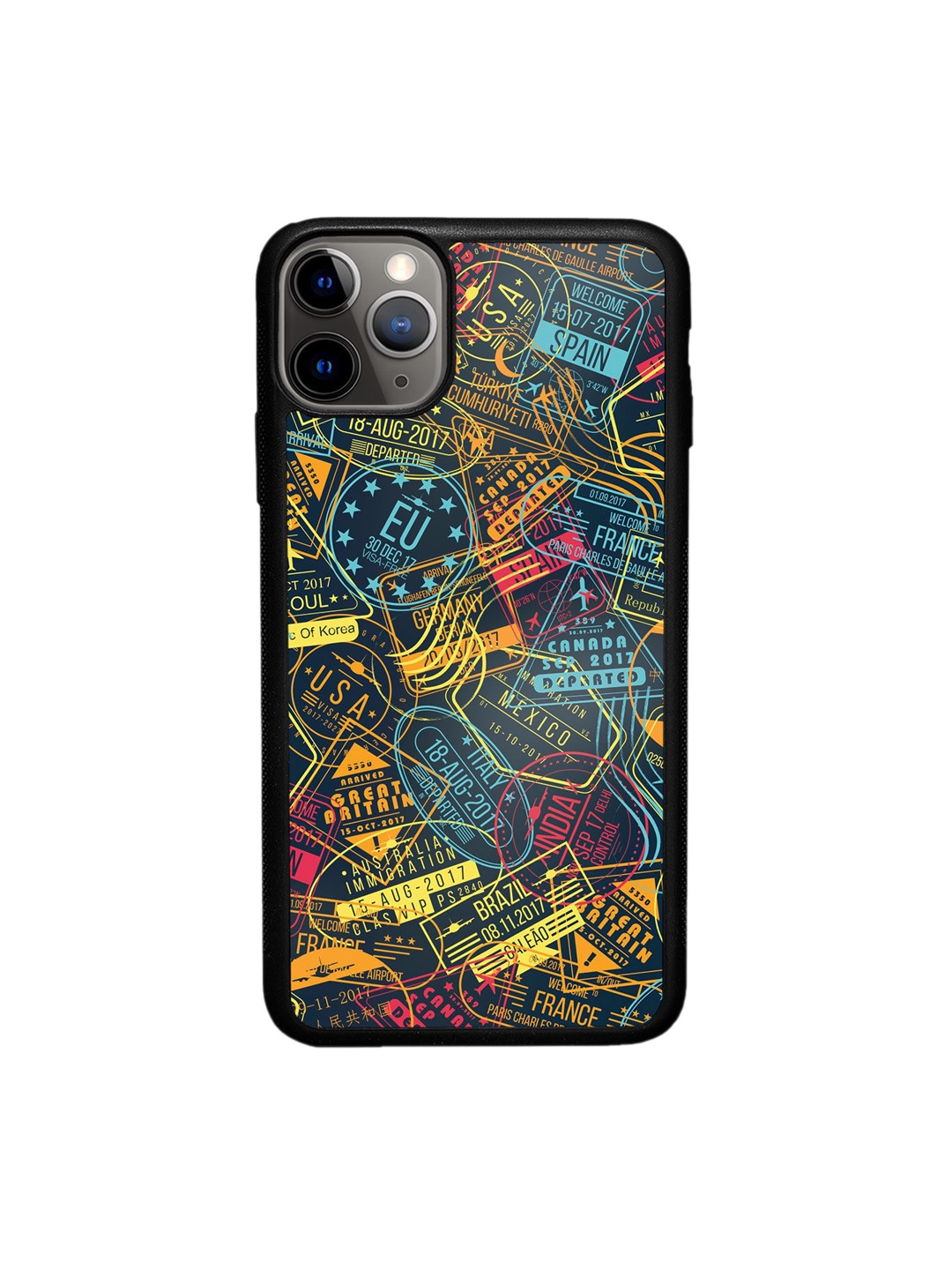 

macmerise Yellow, Blue Immigration Stamps Neon Design iPhone 11 Pro Max Phone Back Case