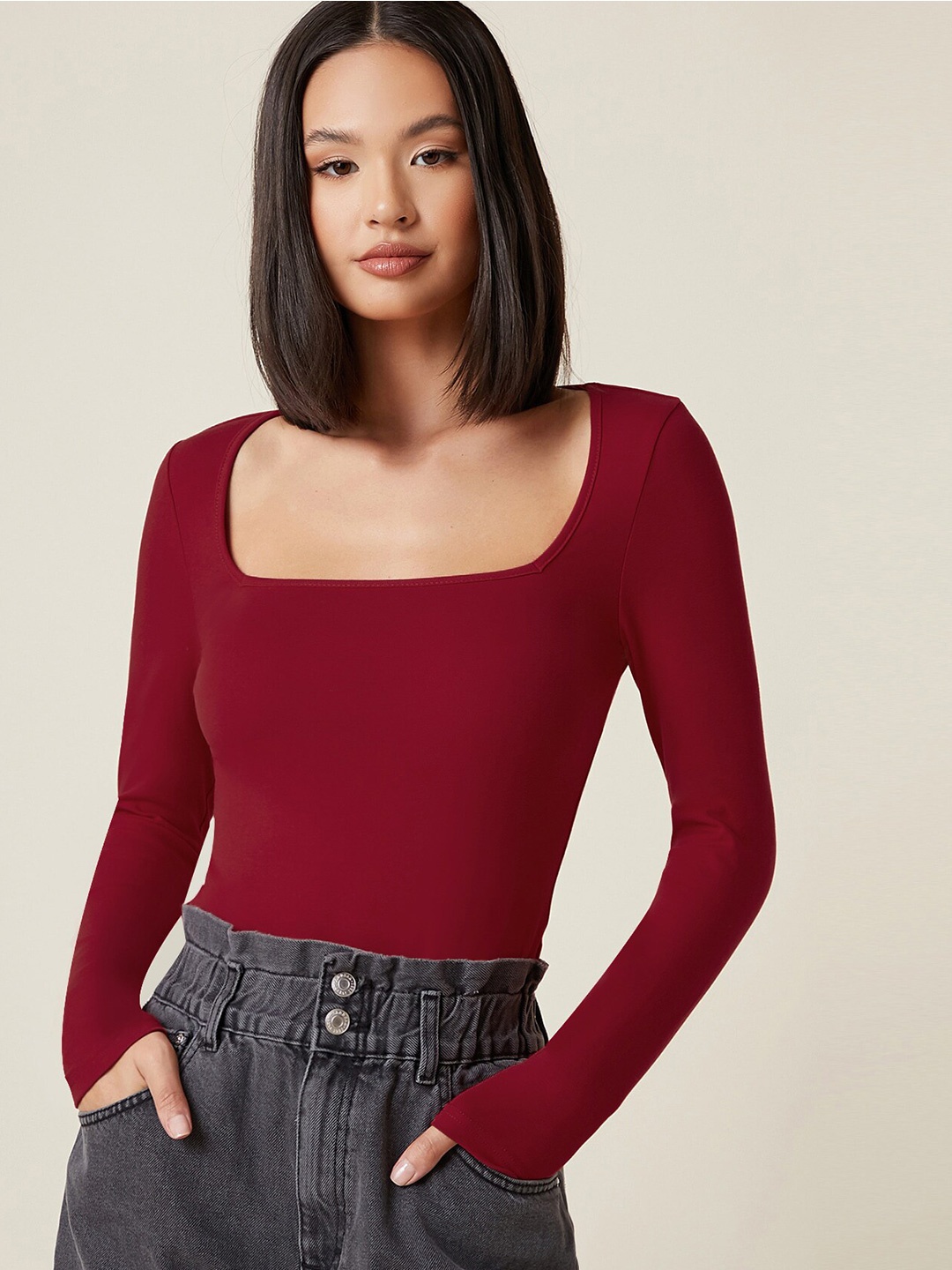AAHWAN Women Maroon Square Neck Top