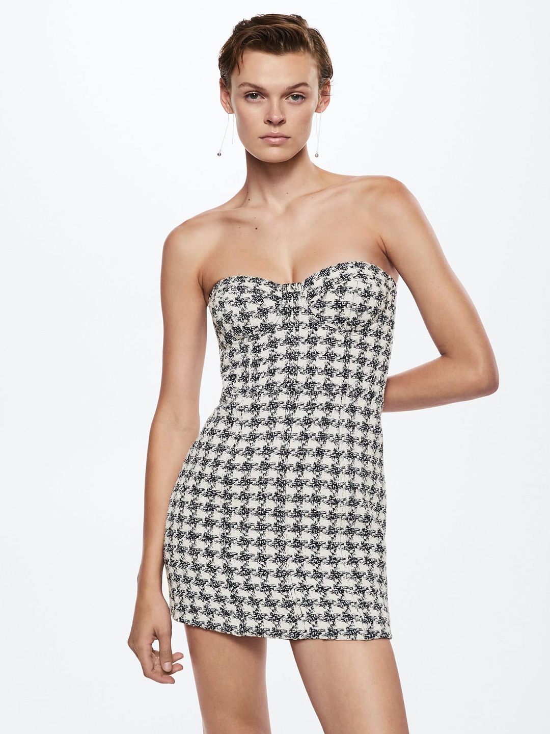 

MANGO Black & White Houndstooth Patterned Tweed Bodycon Mini Dress