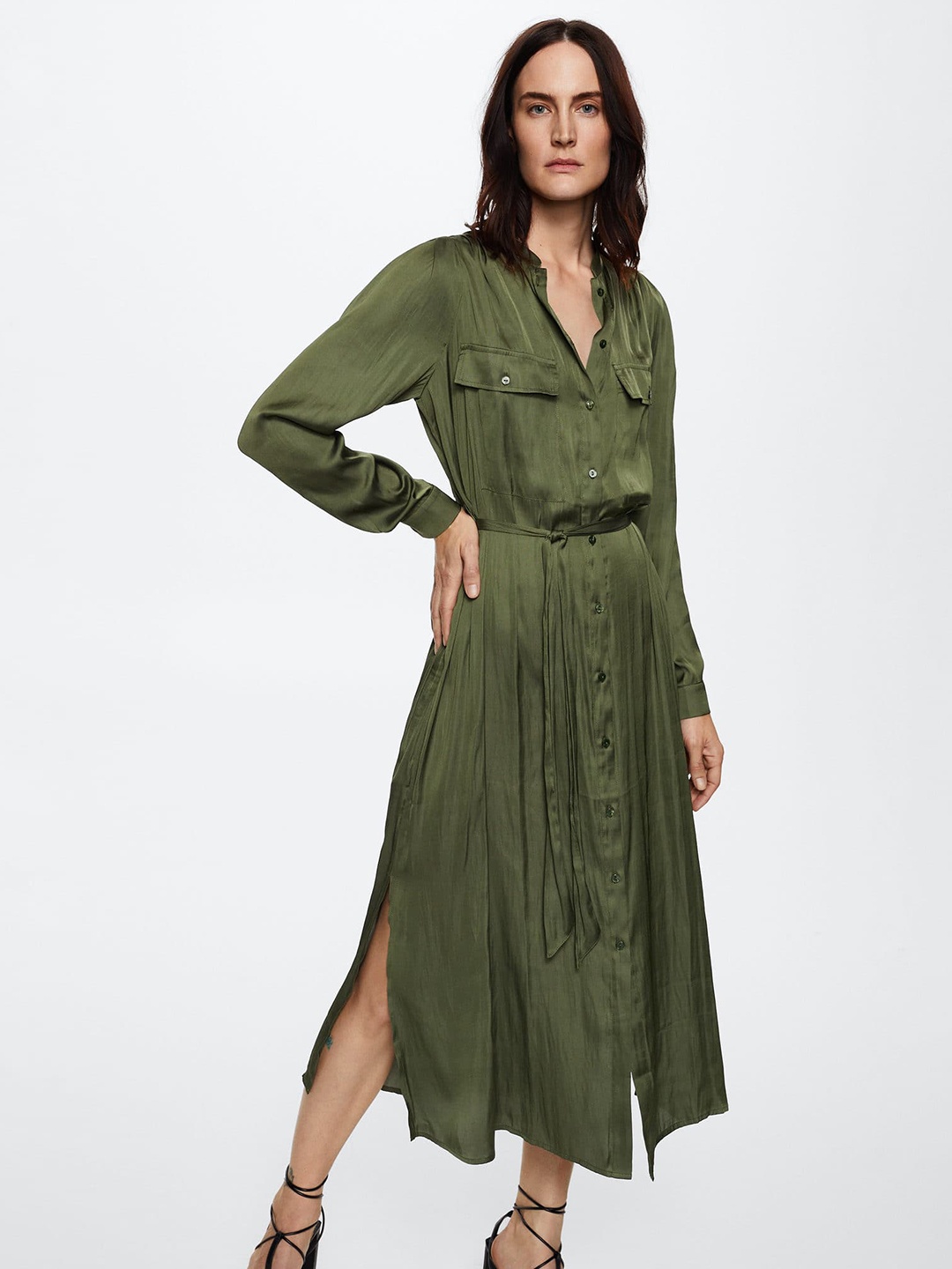 

MANGO Olive Green Shirt Sustainable Midi Dress