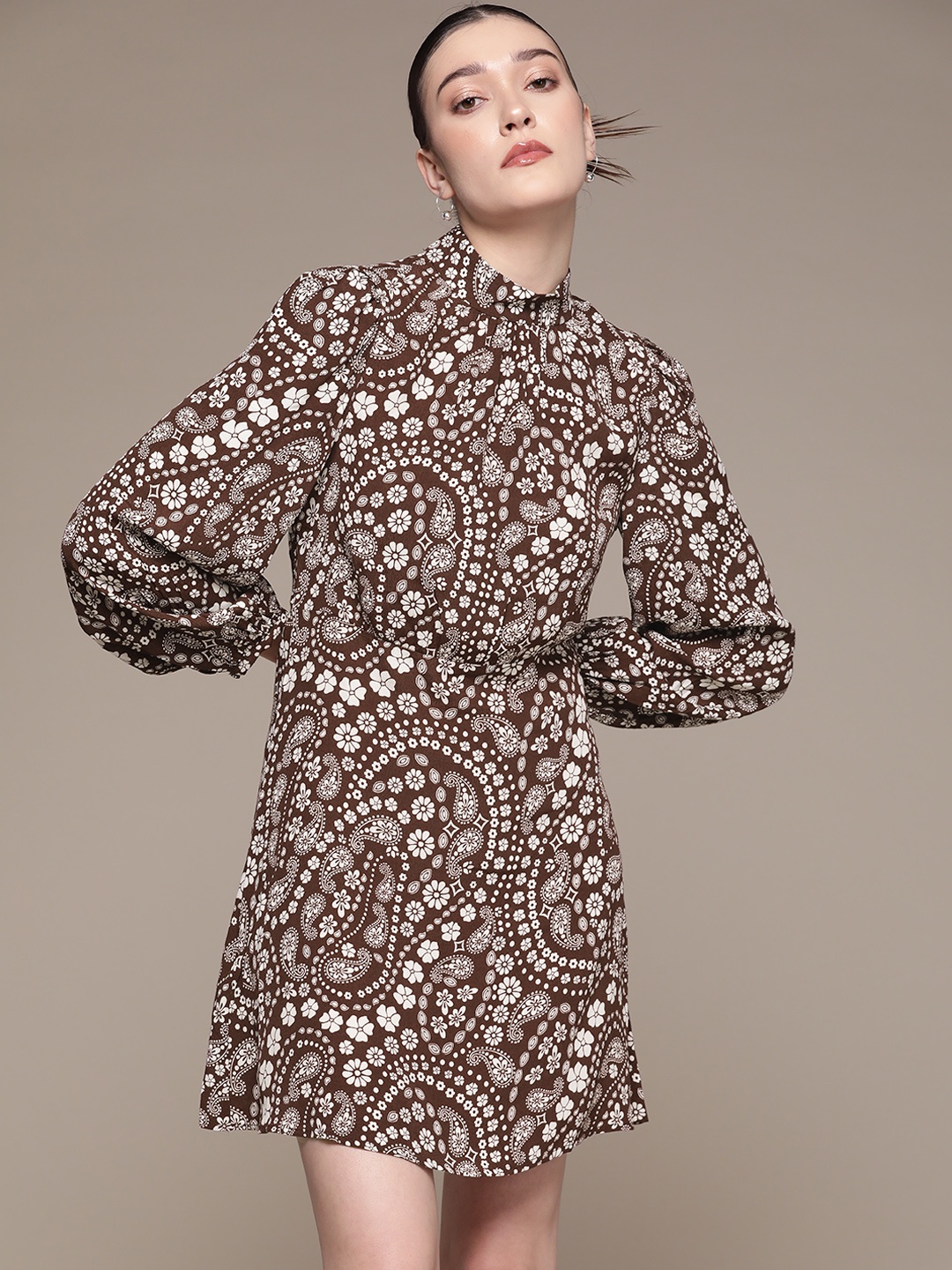 

MANGO Brown & White Floral Printed Puff Sleeves Sustainable Fit And Flare Dress