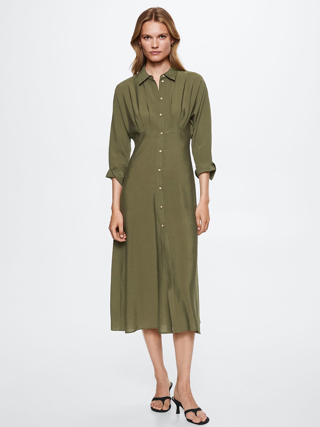 

MANGO Olive Green Sustainable Solid Shirt Midi Dress