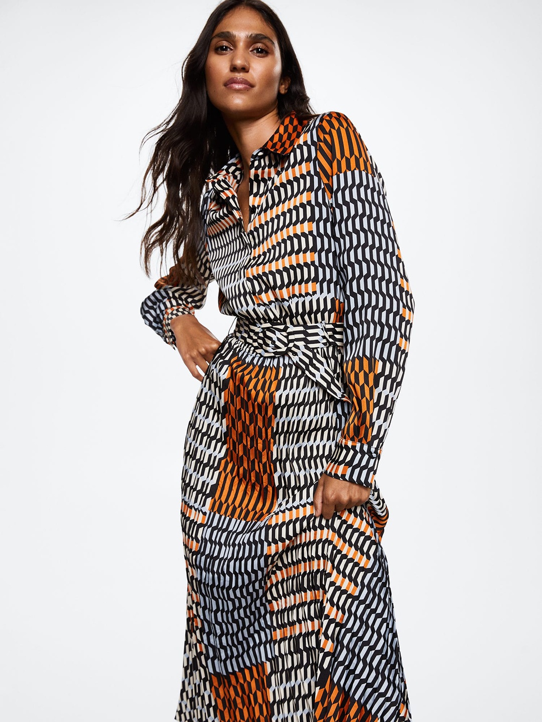 

MANGO Black & Orange Sustainable Accordion Pleated Printed Midi Shirt Dress with Belt