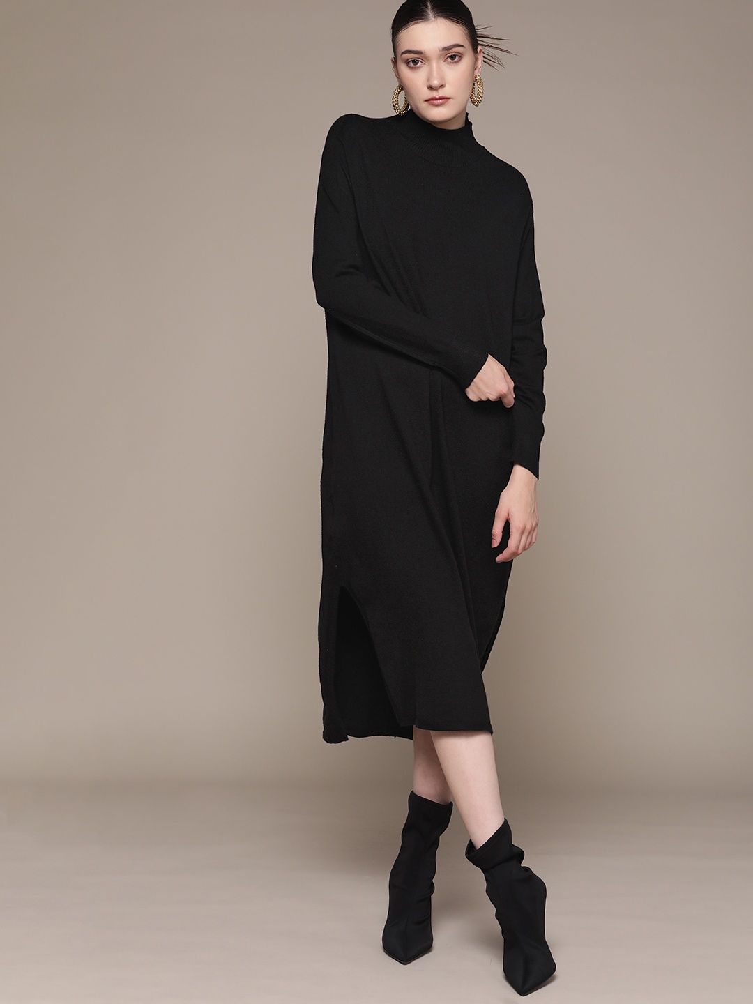 

MANGO Black Solid High Neck Sustainable Midi Jumper Dress