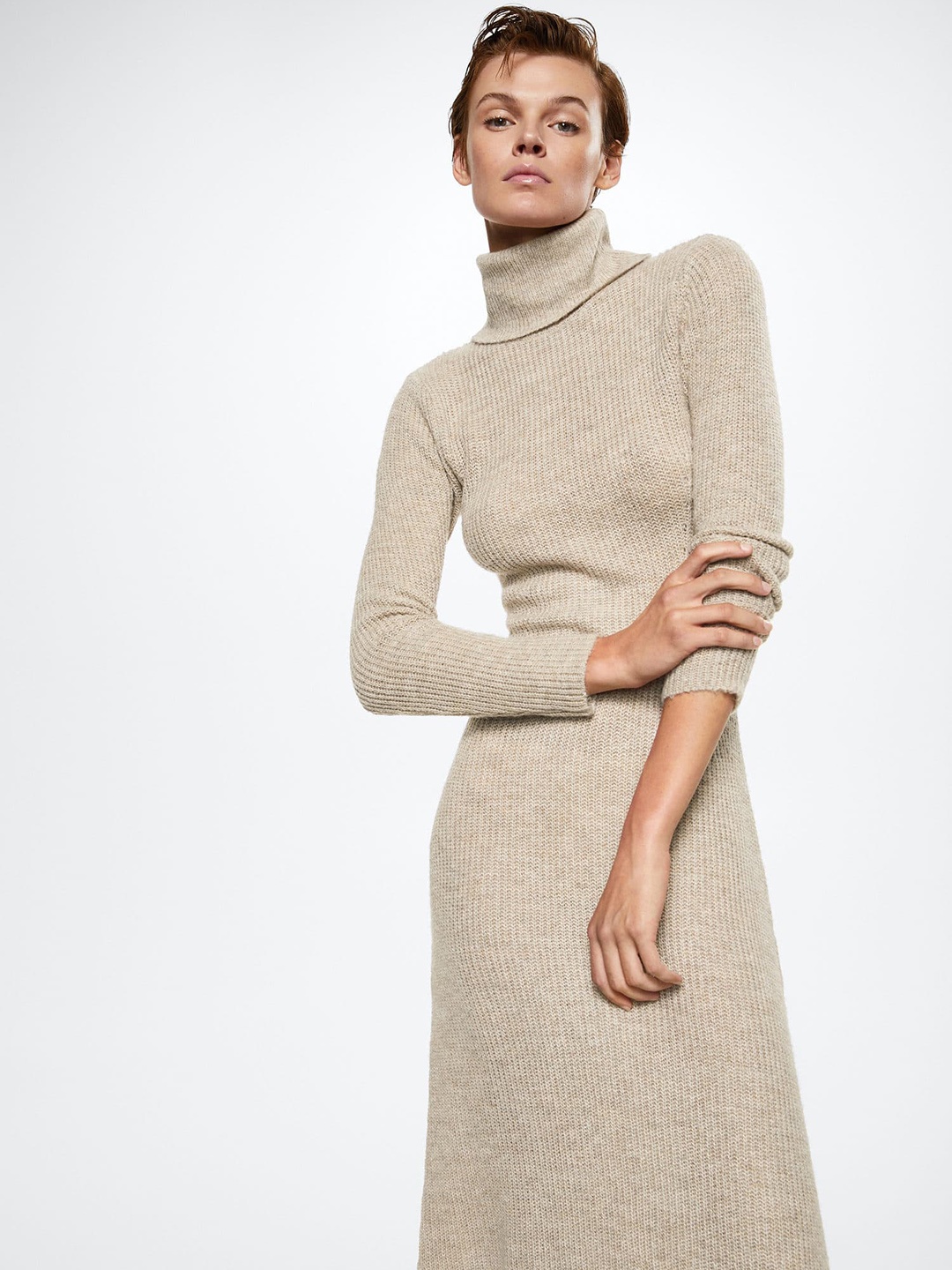 

MANGO Beige Sustainable Turtle Neck Midi Jumper Dress