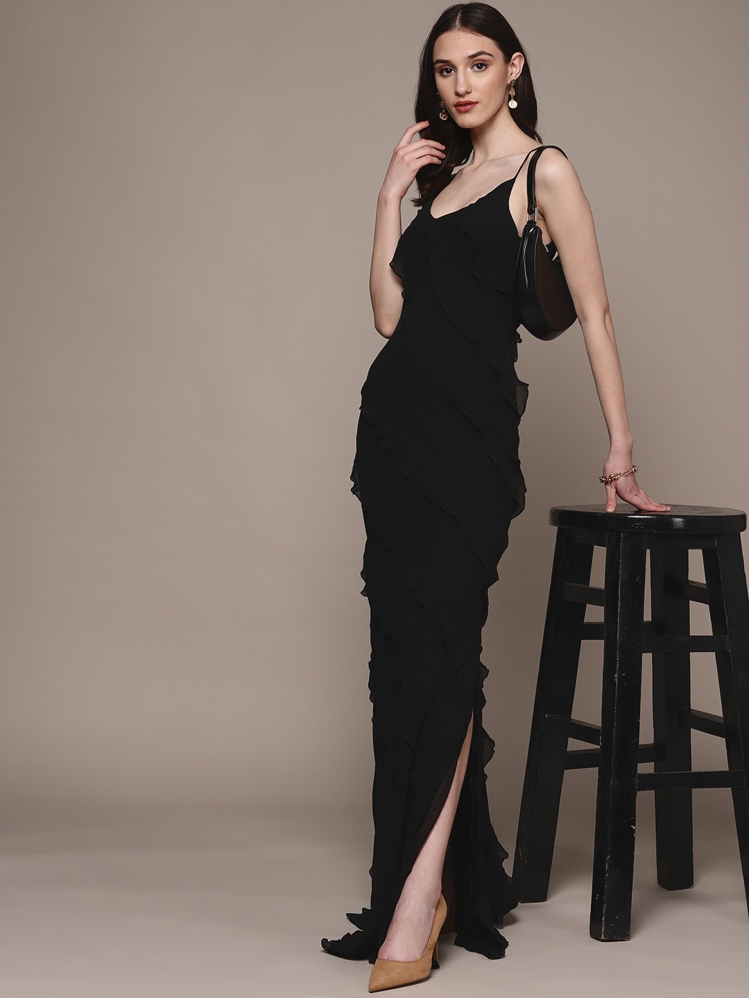 

MANGO Solid Ruffled Side Slit Maxi Dress, Black