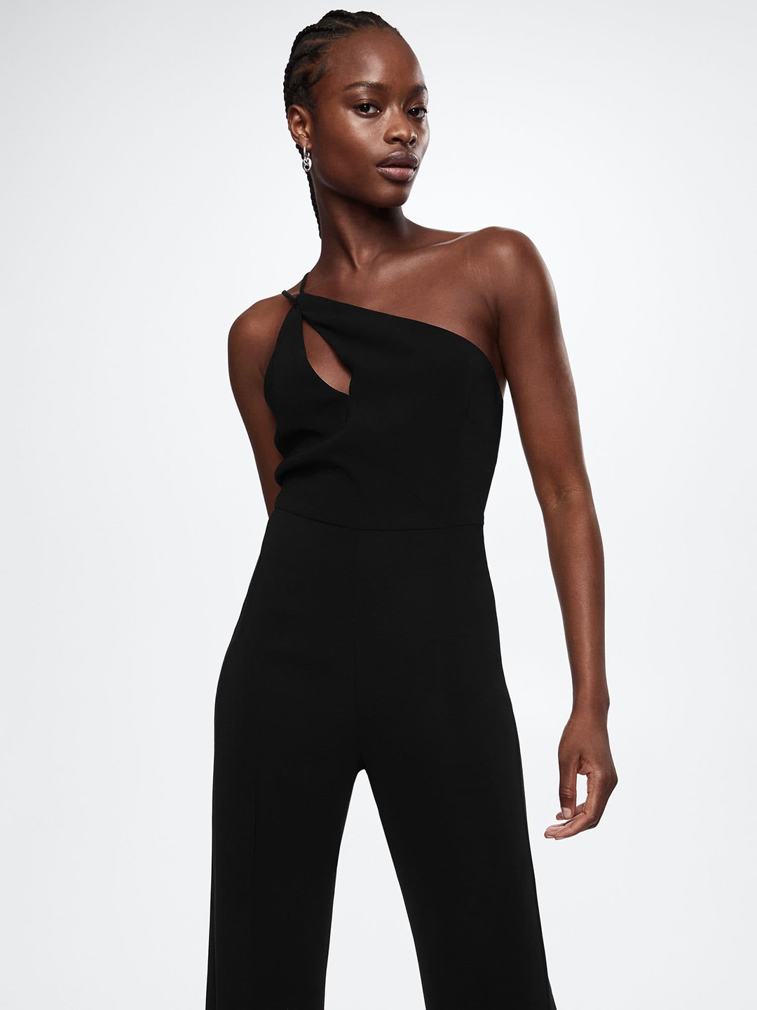 

MANGO Black Solid Asymmetric Neck Jumpsuit