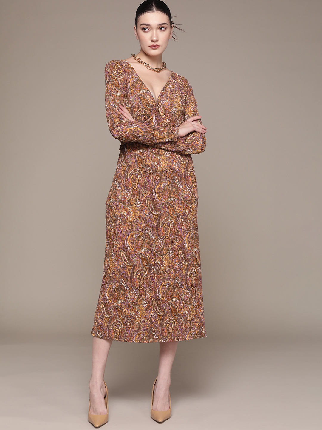 

MANGO Olive Green & Orange Ethnic Printed Sustainable Wrap Midi Dress