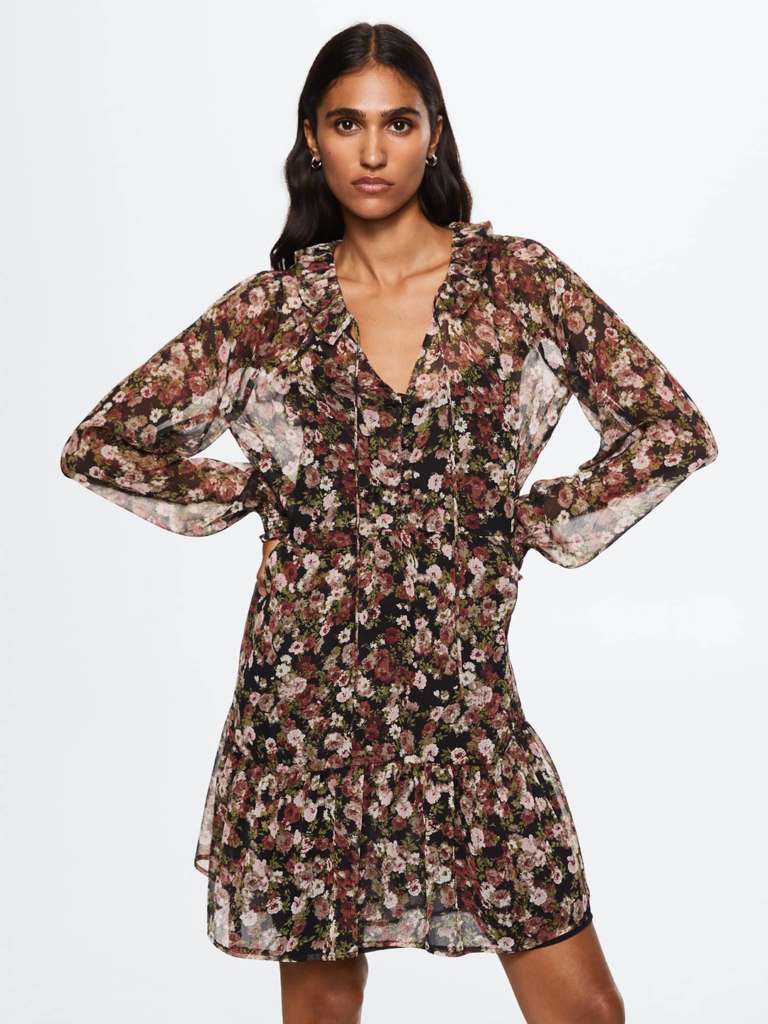 

MANGO Black & Peach-Coloured Floral A-Line Dress