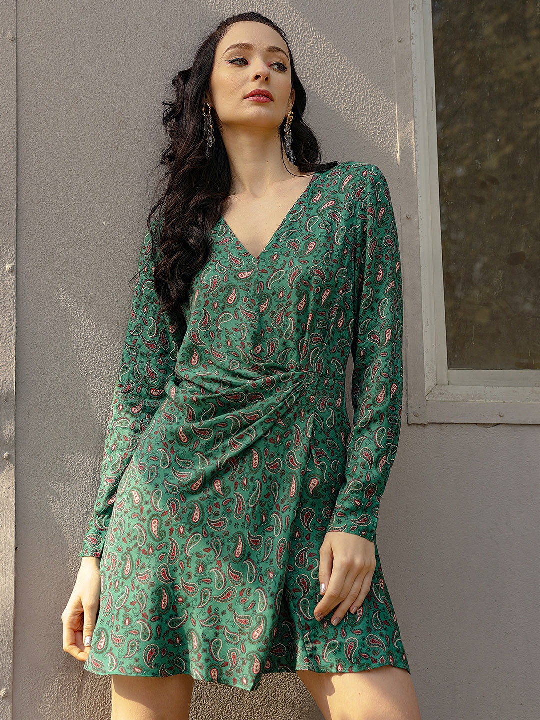 

MANGO Green & Red Paisley Print Satin Finish A-Line Dress