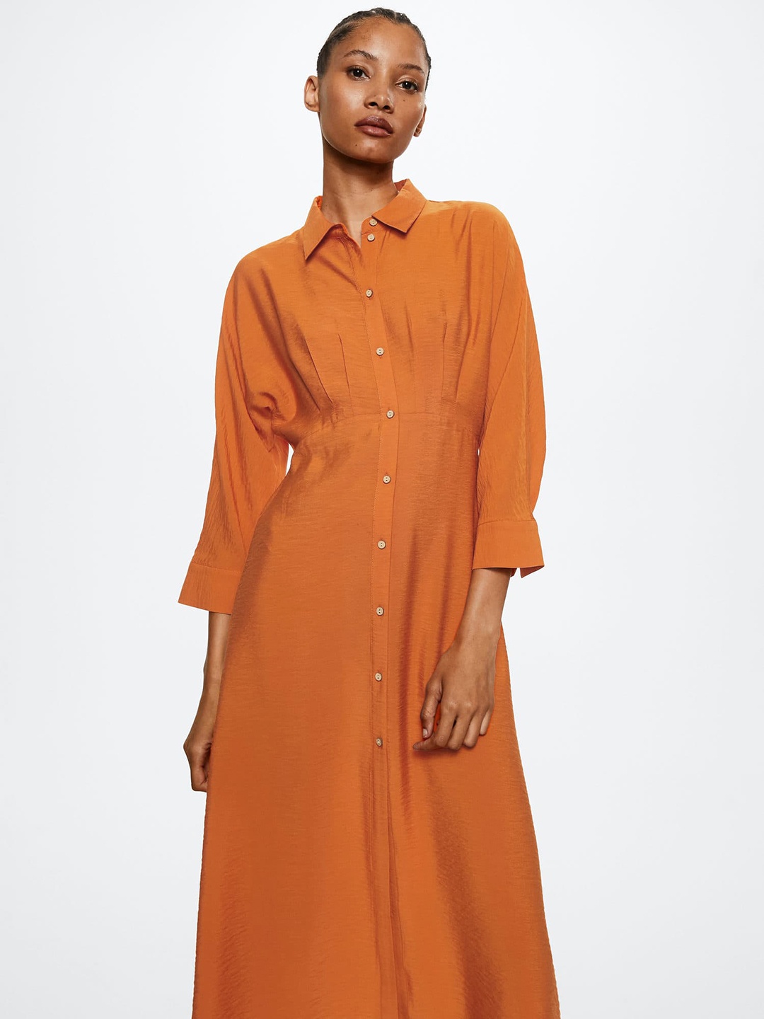 

MANGO Orange Solid Flowy Shirt Midi Dress