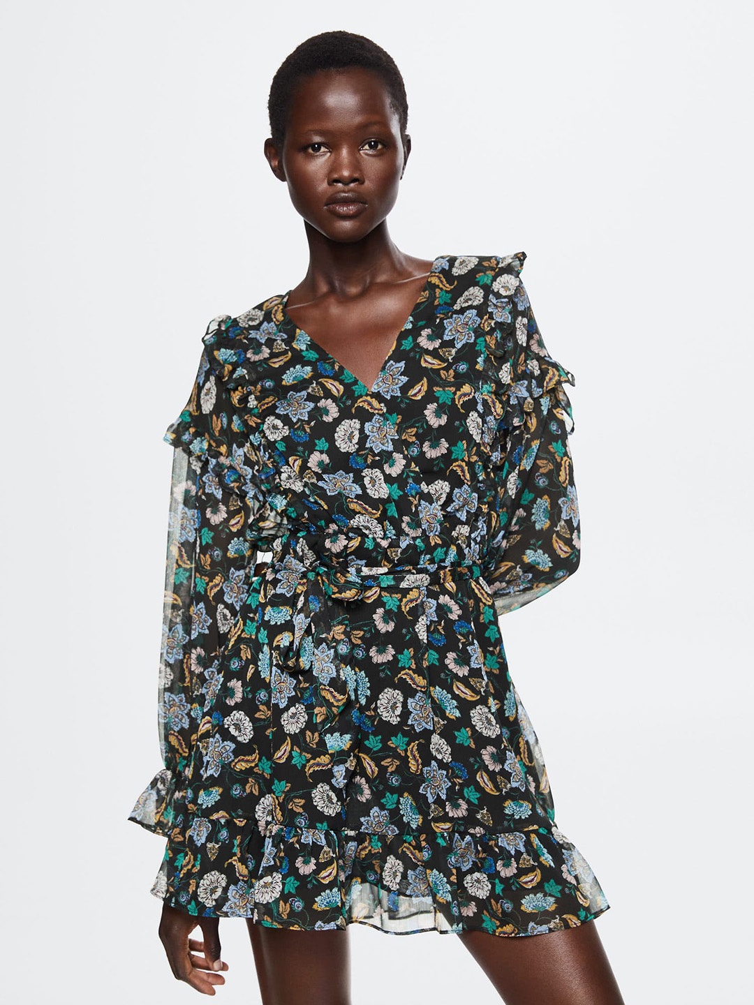 

MANGO Black & Blue Sustainable Ethnic Motifs Printed A-Line Dress