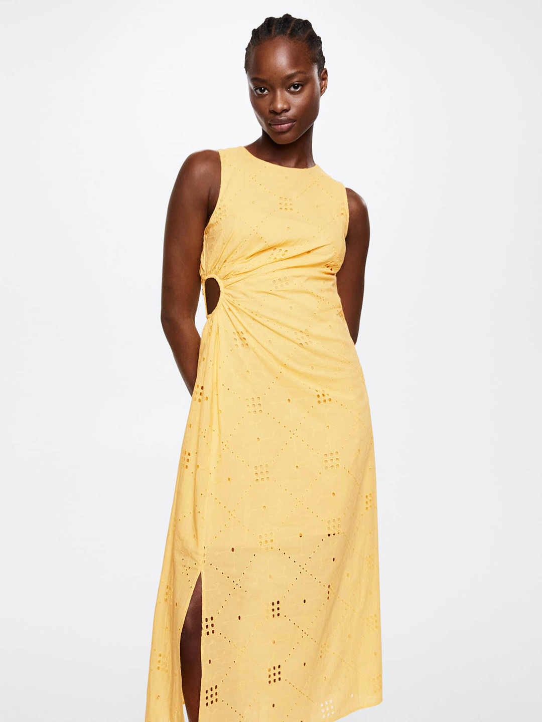 

MANGO Yellow Sustainable Schiffli Embroidered A-Line Midi Dress