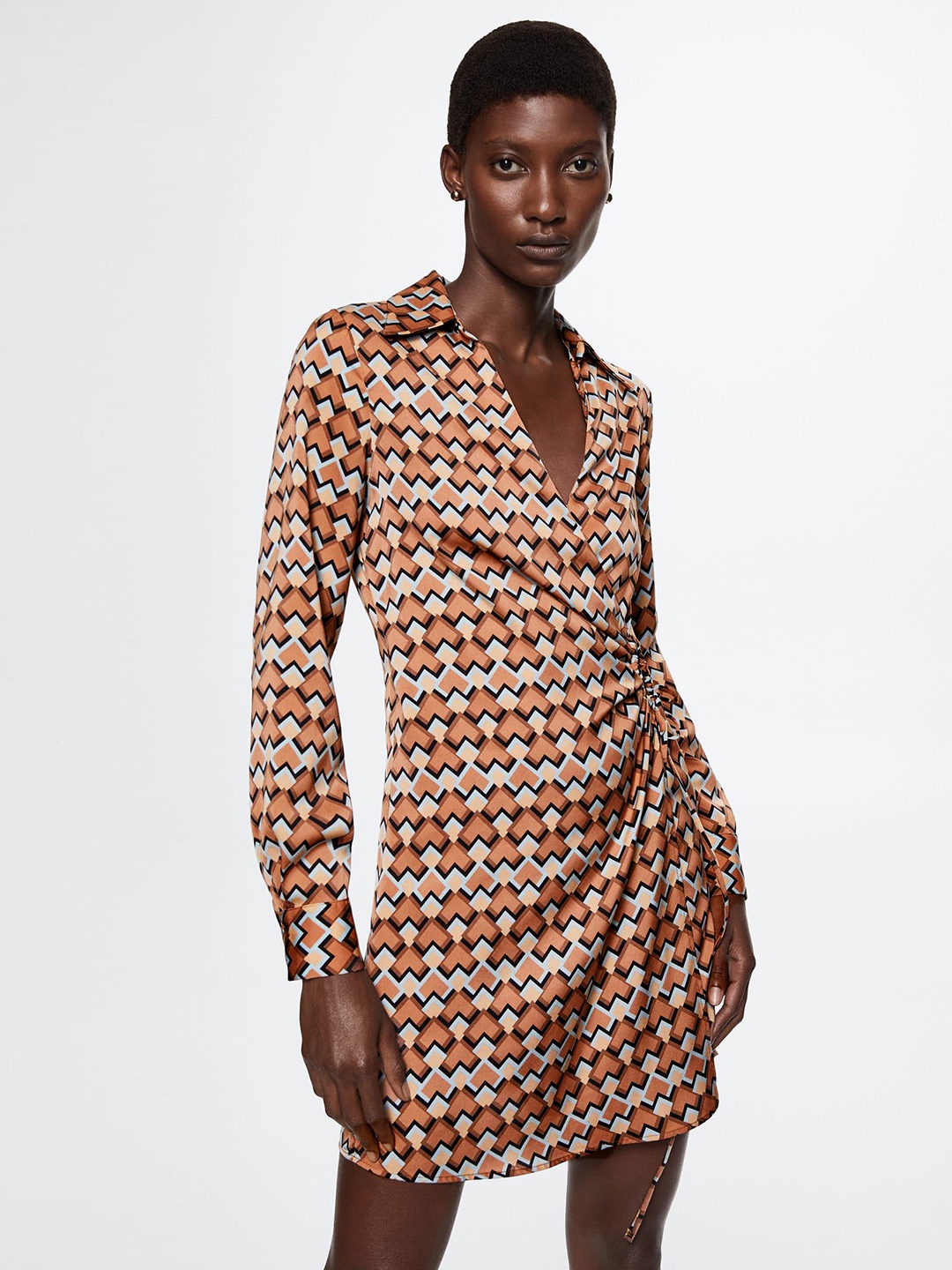 

MANGO Orange & White Geometric Printed Wrap Dress