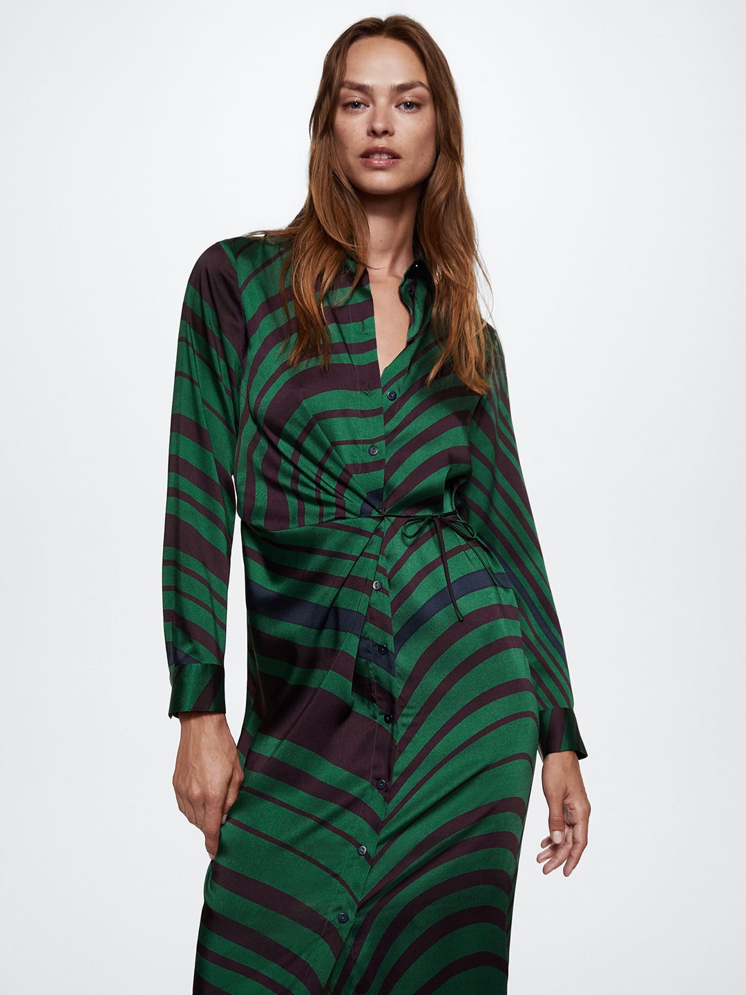 

MANGO Green & Black Striped Satin Shirt Style Sustainable Midi Dress