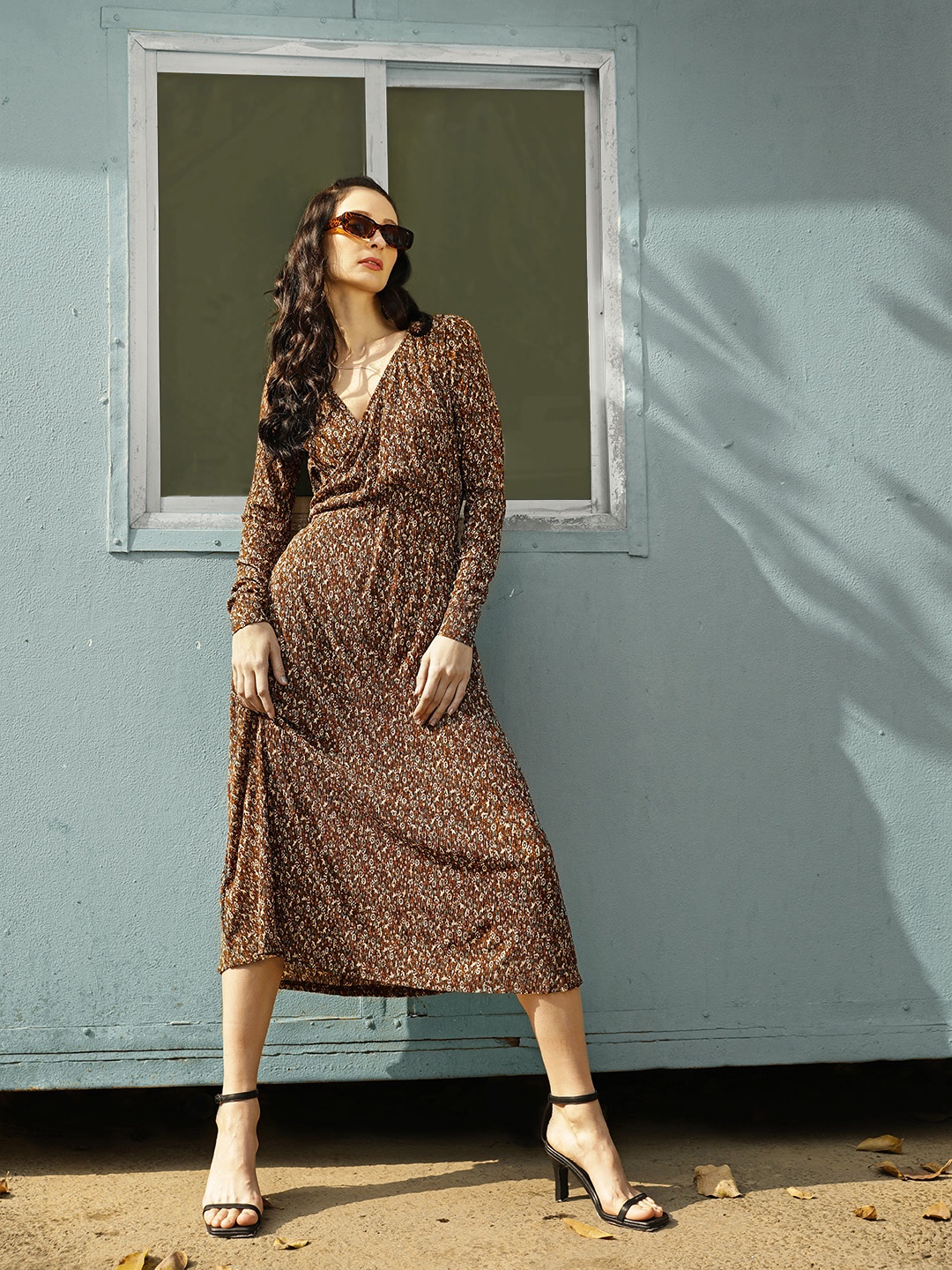 

MANGO Women Brown & Cream-Coloured Floral Sustainable Wrap Midi Dress