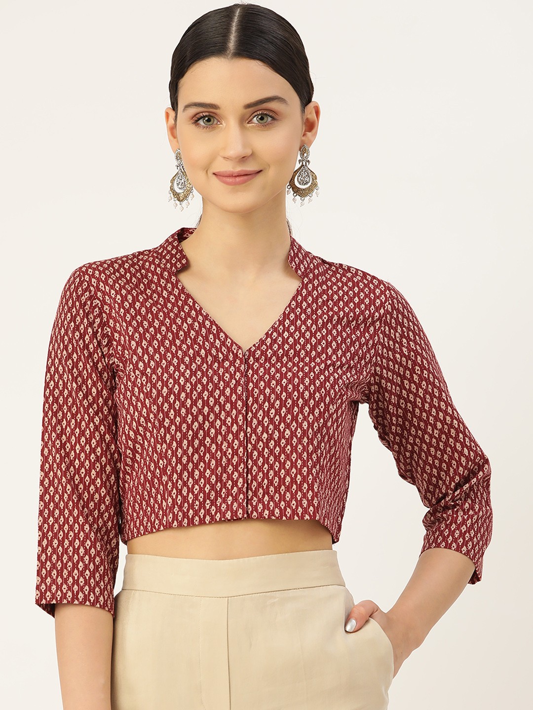 

Molcha Rust Red & White Geometric Print Pure Cotton Non-Padded Saree Blouse, Maroon