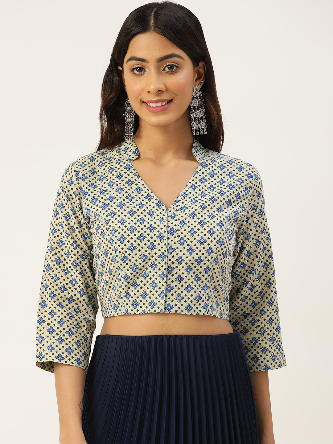 

Molcha Yellow & Blue Geometric Print Pure Cotton Non-Padded Saree Blouse