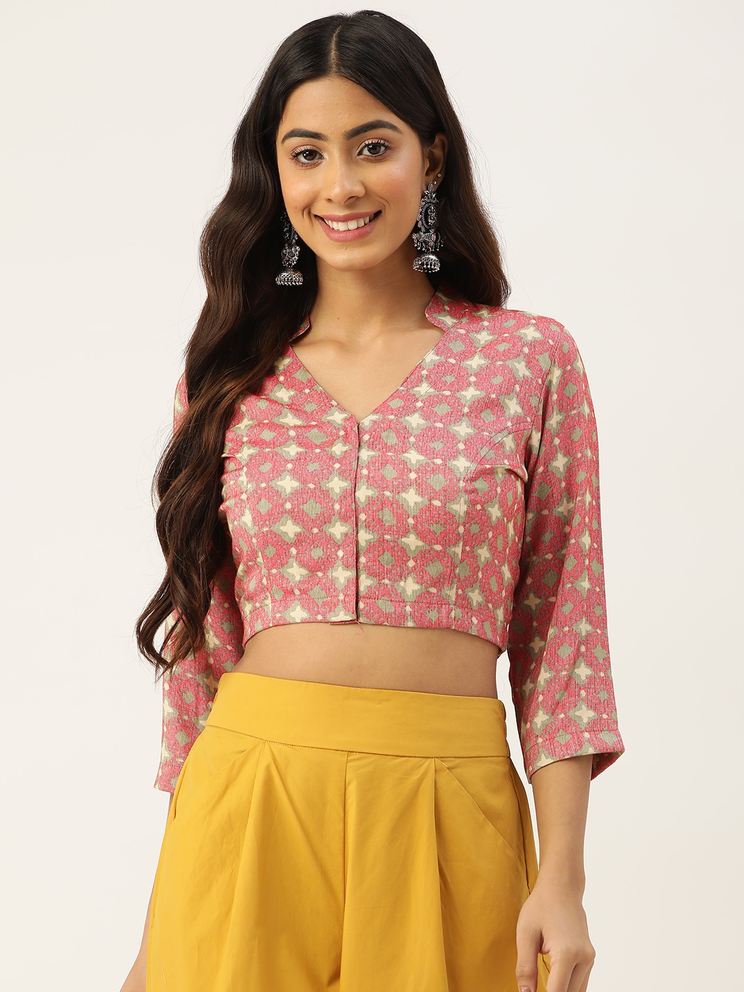 

Molcha Pink & Green Geometric Print Pure Cotton Non-Padded Saree Blouse