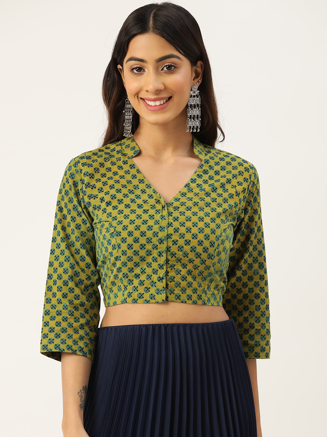 

Molcha Green & Blue Geometric Print Pure Cotton Non-Padded Saree Blouse