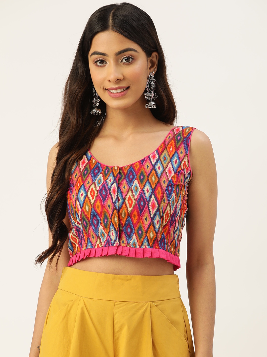 

Molcha Pink & Blue Ethnic Motifs Printed Pure Cotton Non-Padded Saree Blouse