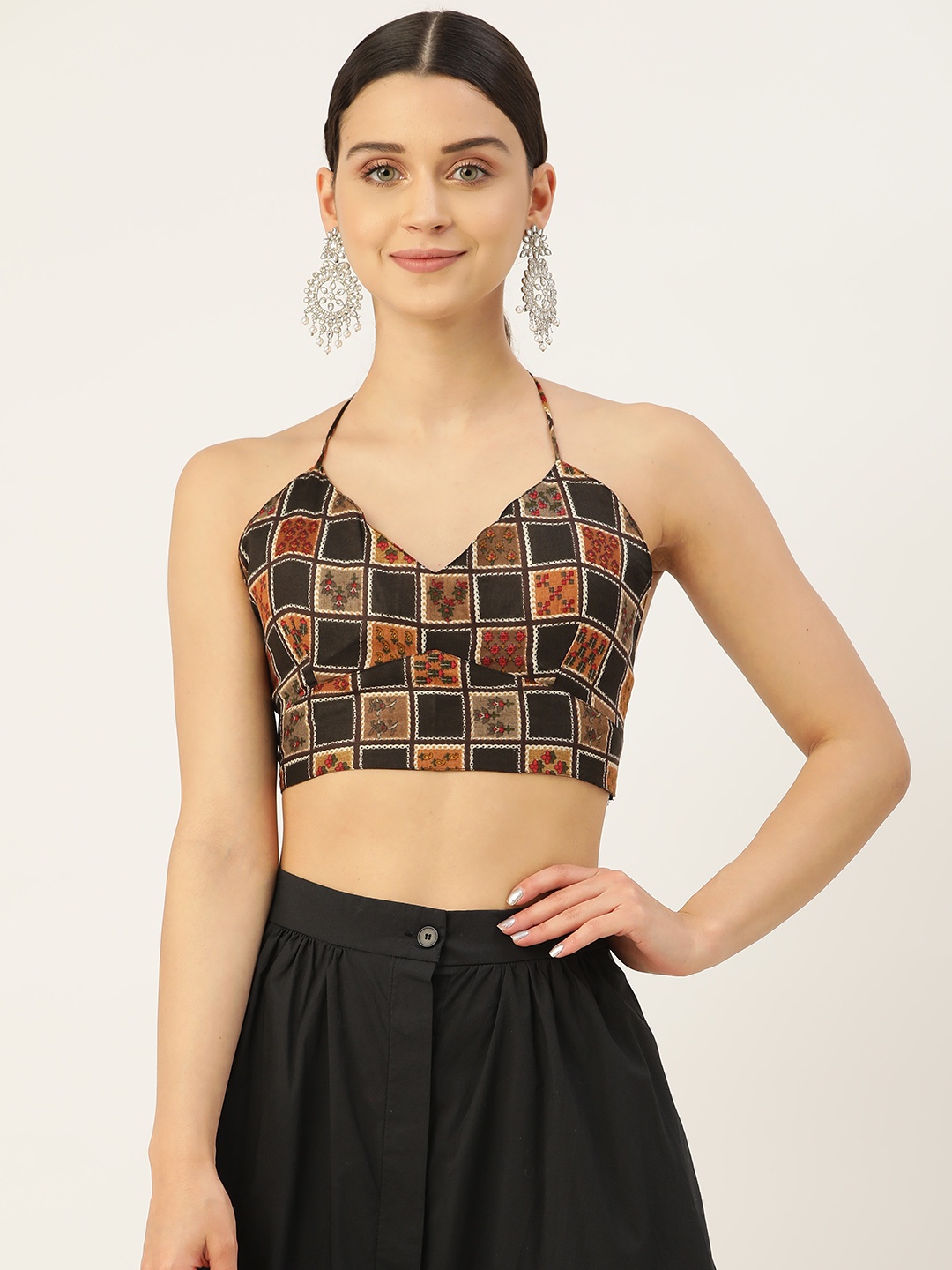 

Molcha Black & Brown Ethnic Motifs Printed Pure Cotton Non-Padded Saree Blouse