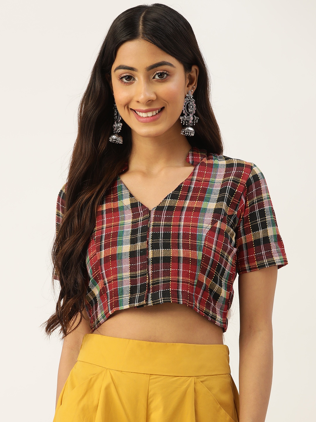 

Molcha Multicoloured Cotton Checked Padded Saree Blouse, Multi