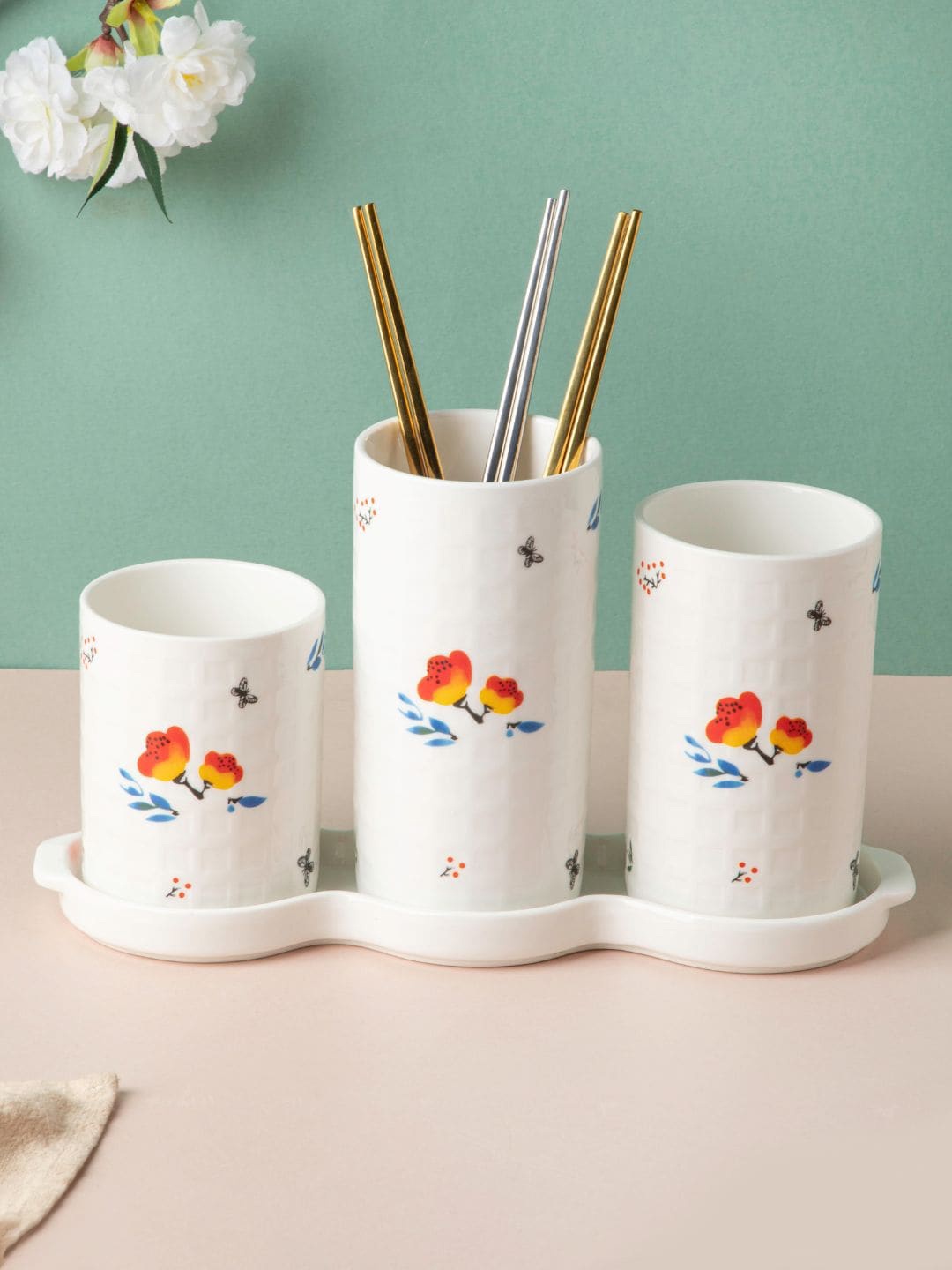 

Nestasia Set Of 3 White Printed Ceramic Chopstick Holder