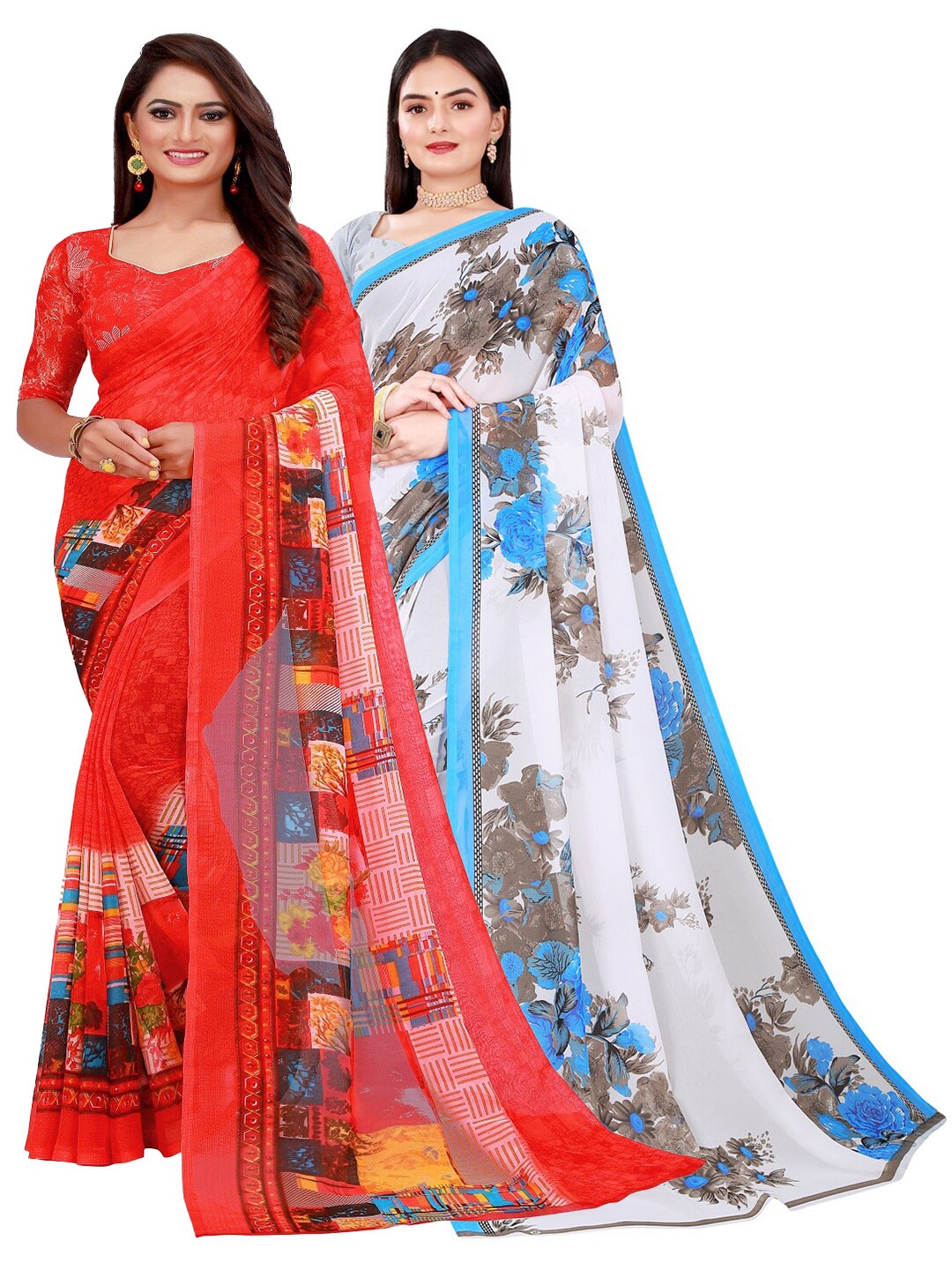 

Silk Bazar Pack Of 2 Floral Pure Georgette Saree, Red