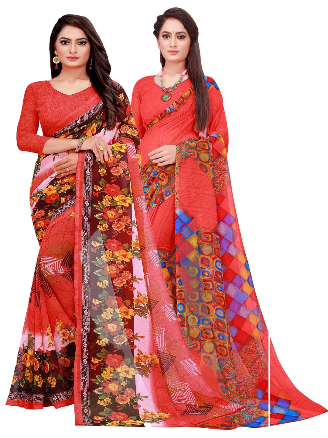 

Silk Bazar Pack Of 2 Floral Pure Georgette Saree, Red