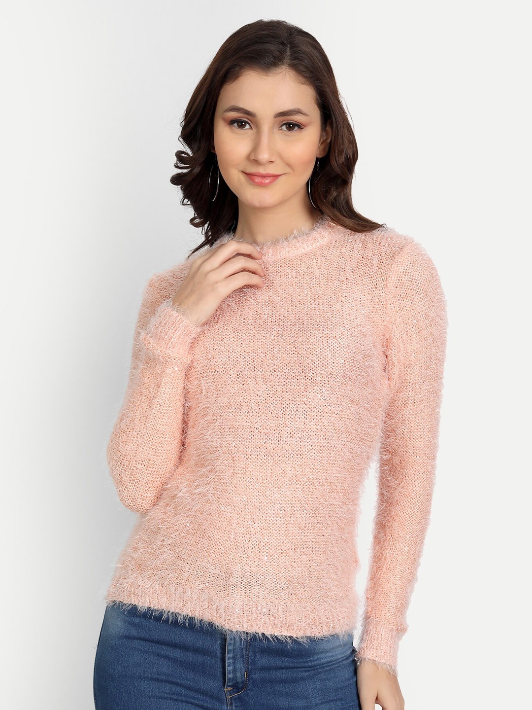 

Fibre World Women Peach-Coloured Ribbed Pullover