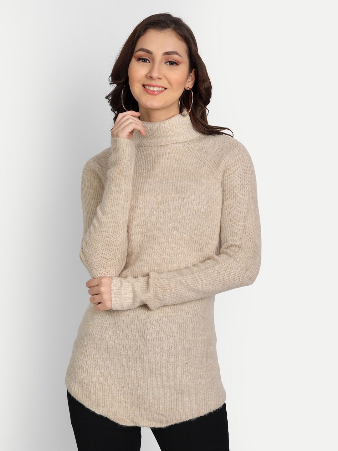 

Fibre World Women Beige Ribbed Longline Pullover
