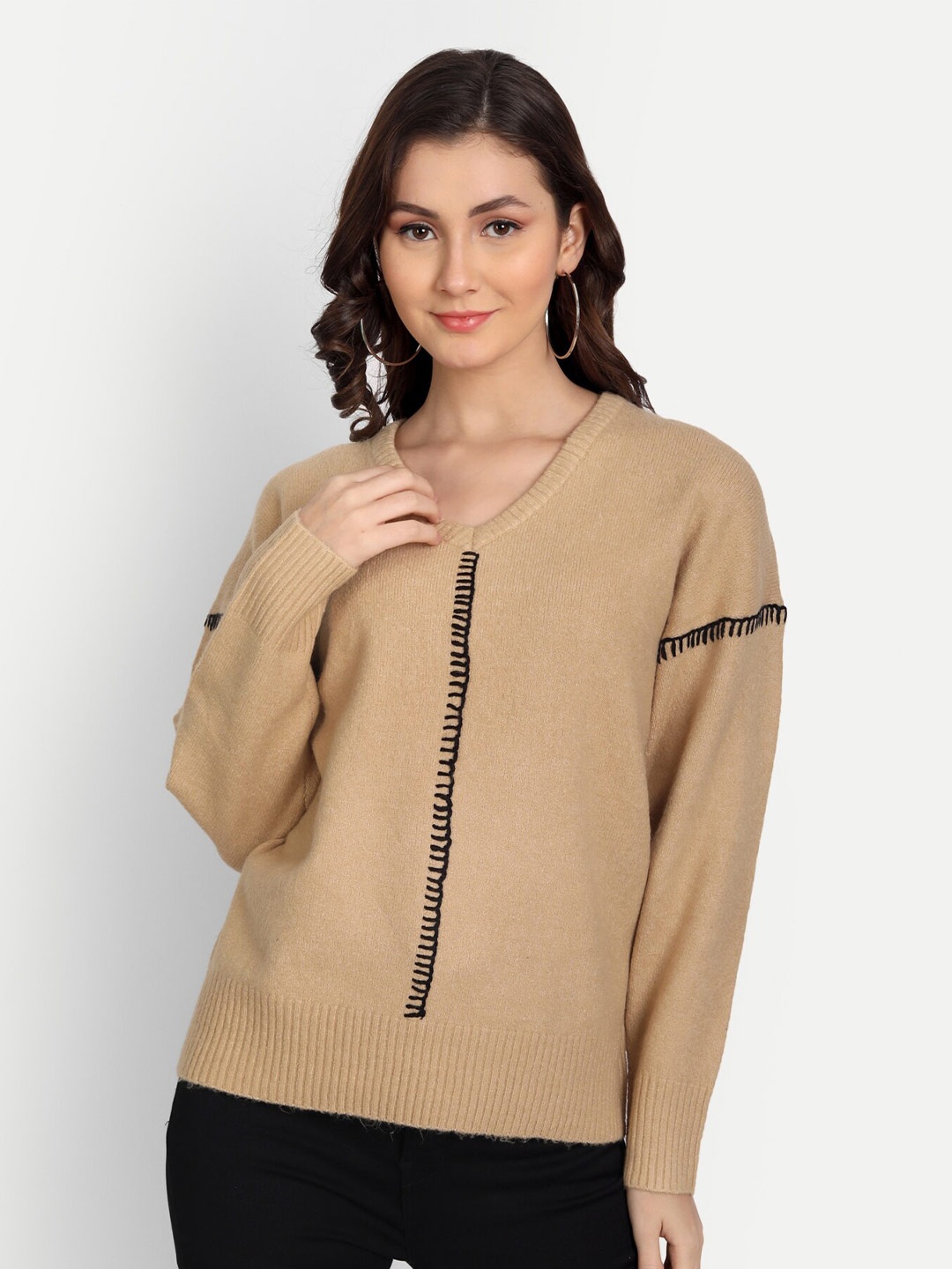

Fibre World Women Beige & Black Pullover with Embroidered