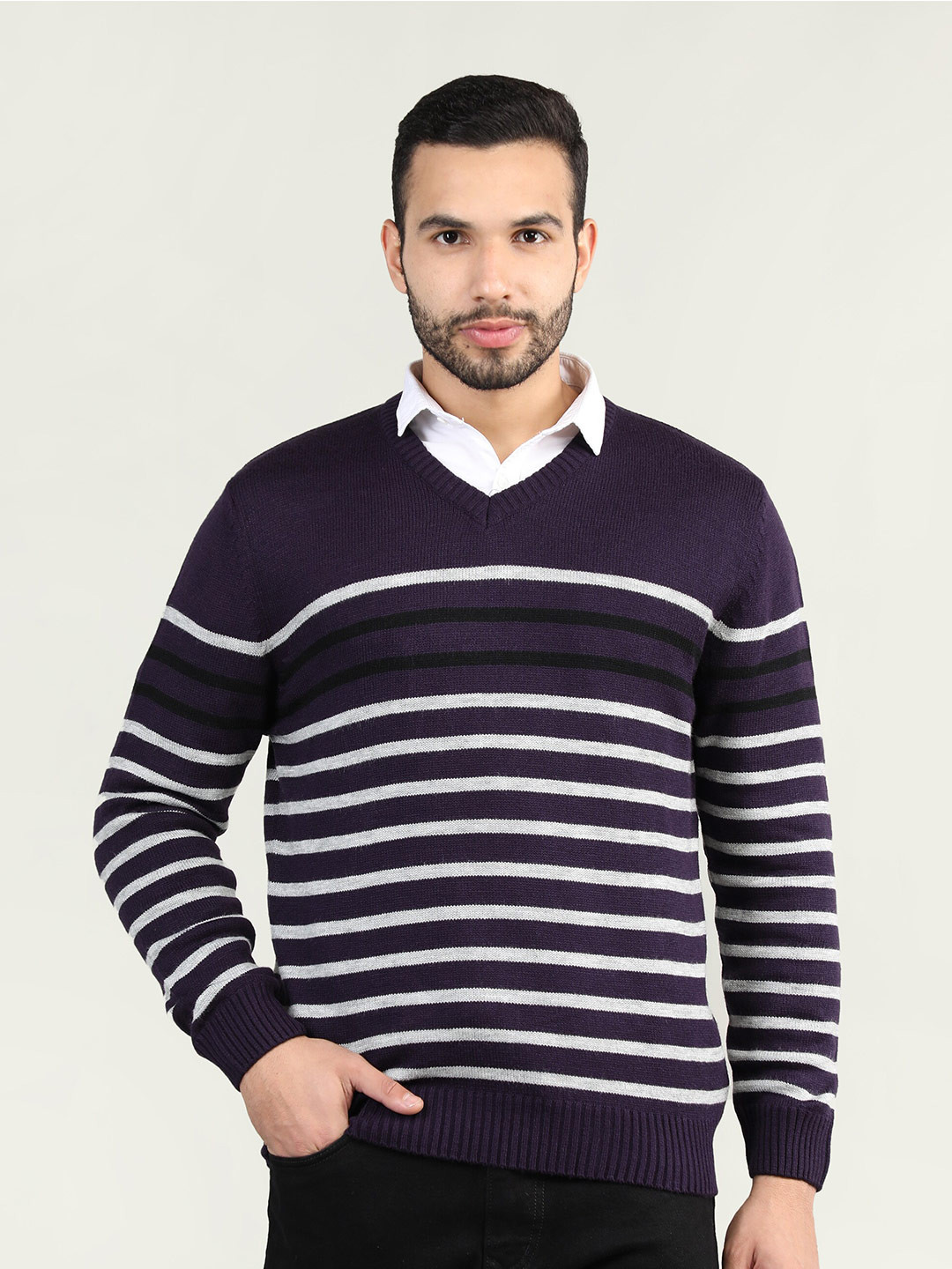 

CHKOKKO Men Purple & White Striped Cotton Pullover