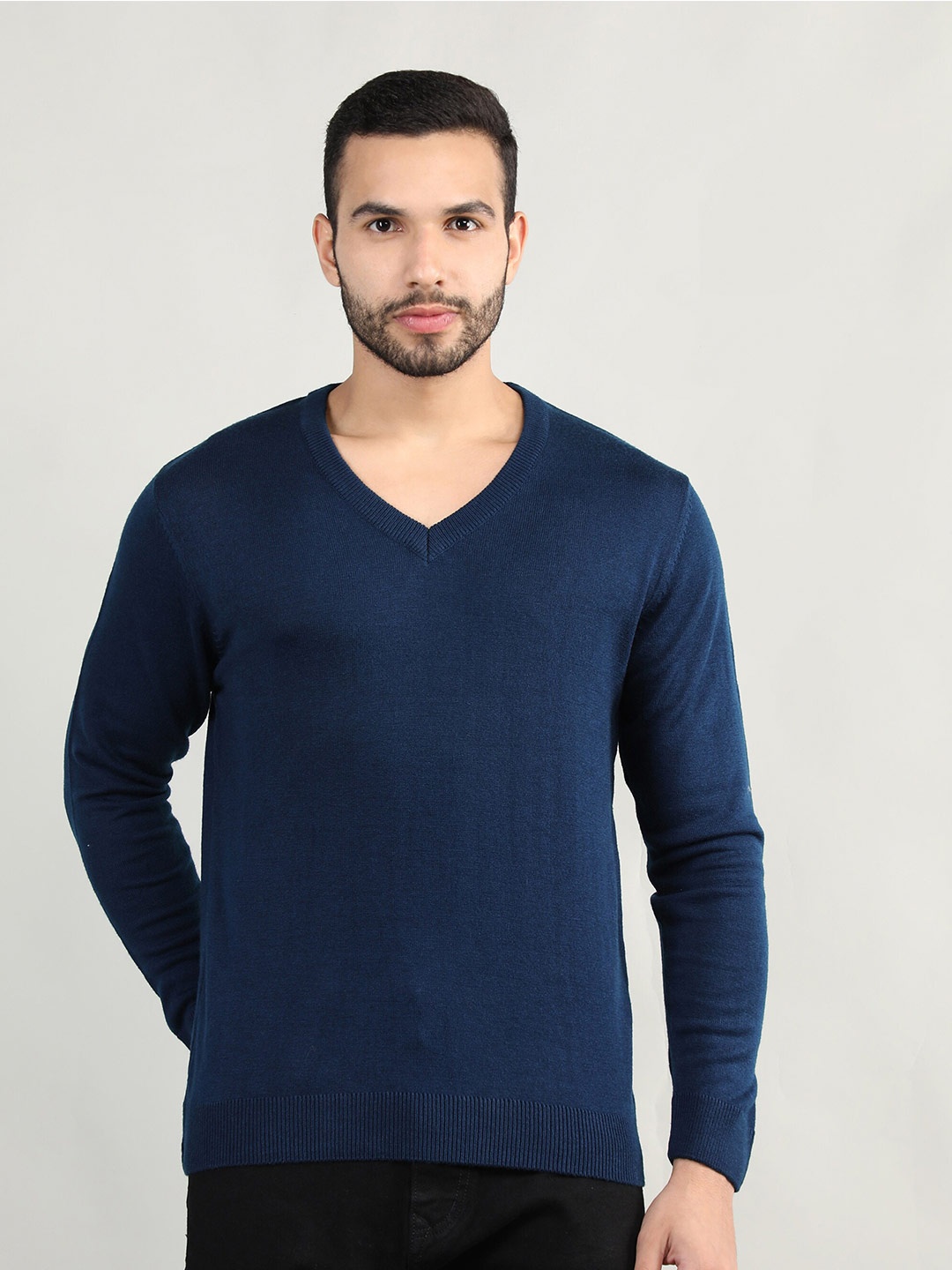 

CHKOKKO Men Wool Navy Blue Pullover